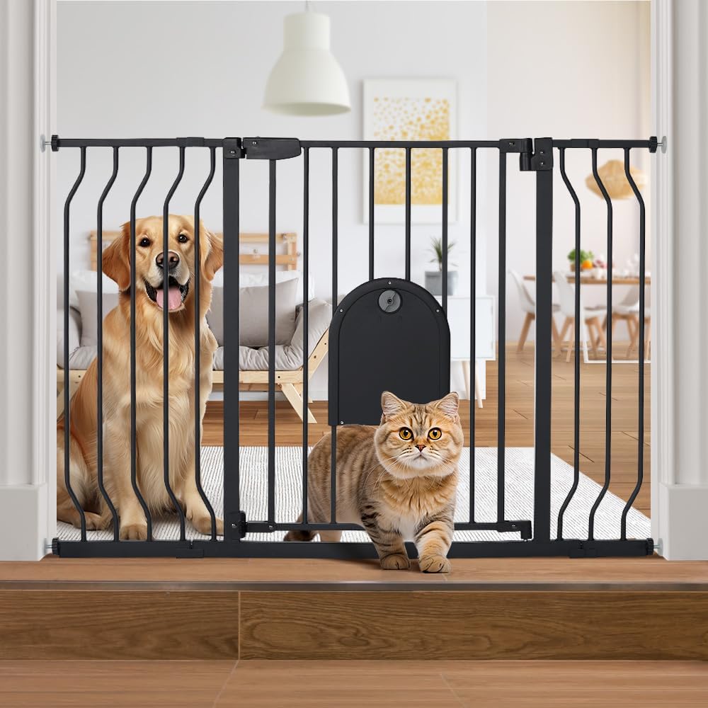 COMOMY Extra Wide Baby Gate with Cat Door and Auto Close