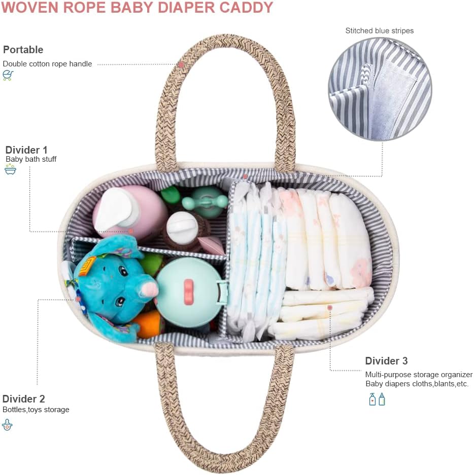YeaYee Baby Diaper Caddy Organizer 14x8x7 Inch Cotton Basket with 3 Removable Dividers