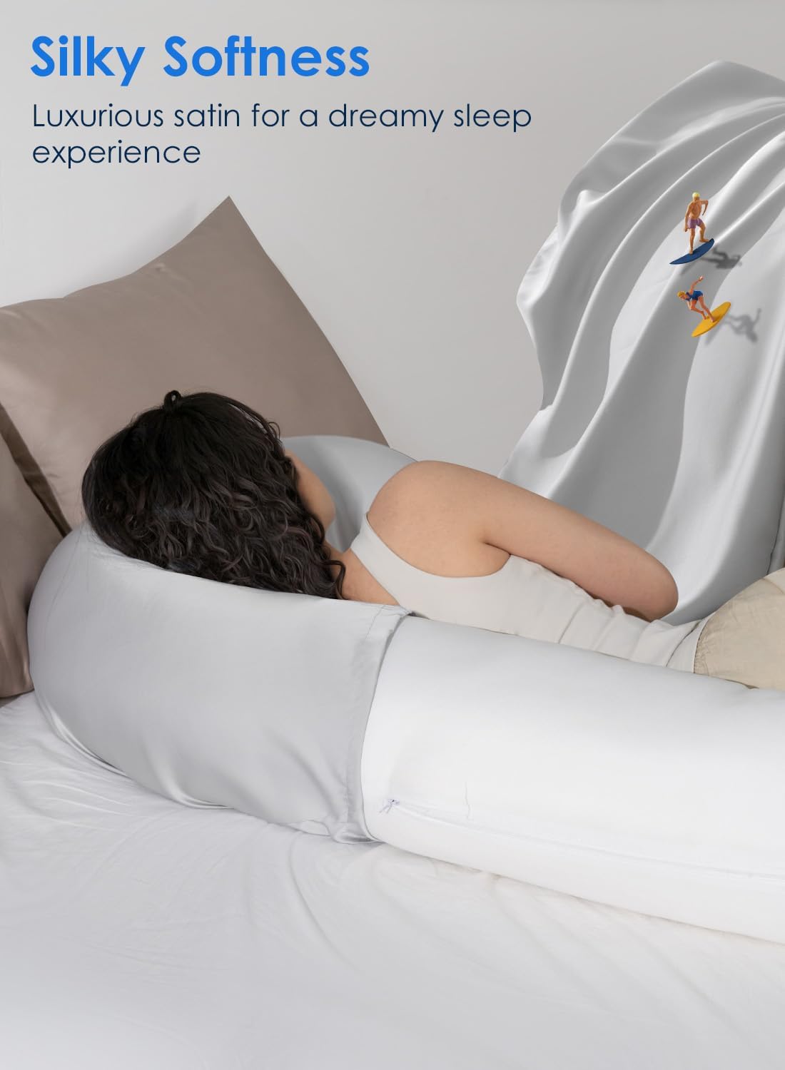 QUEEN ROSE Cooling Satin Pregnancy Pillow Cover Fits U C Shaped Pillows Grey