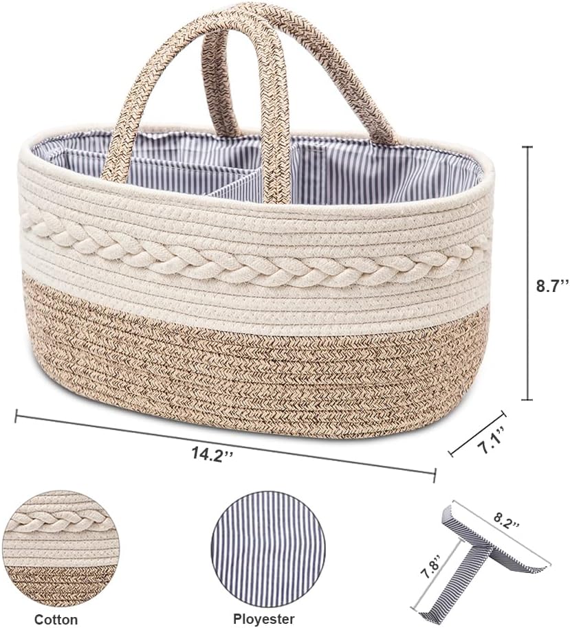 YeaYee Baby Diaper Caddy Organizer 14x8x7 Inch Cotton Basket with 3 Removable Dividers