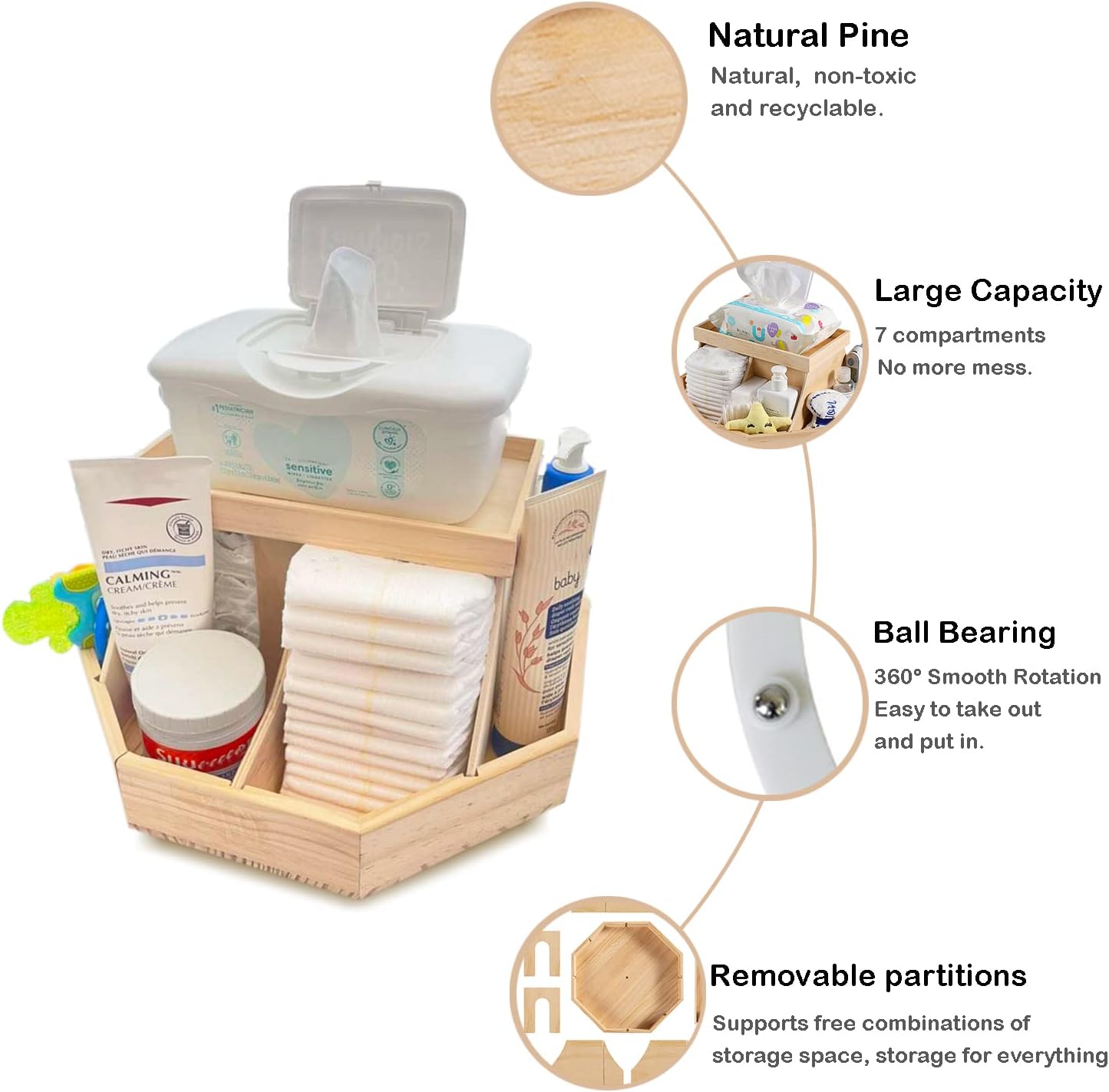 ECOADE Rotating Wooden Diaper Caddy with Dividers 1