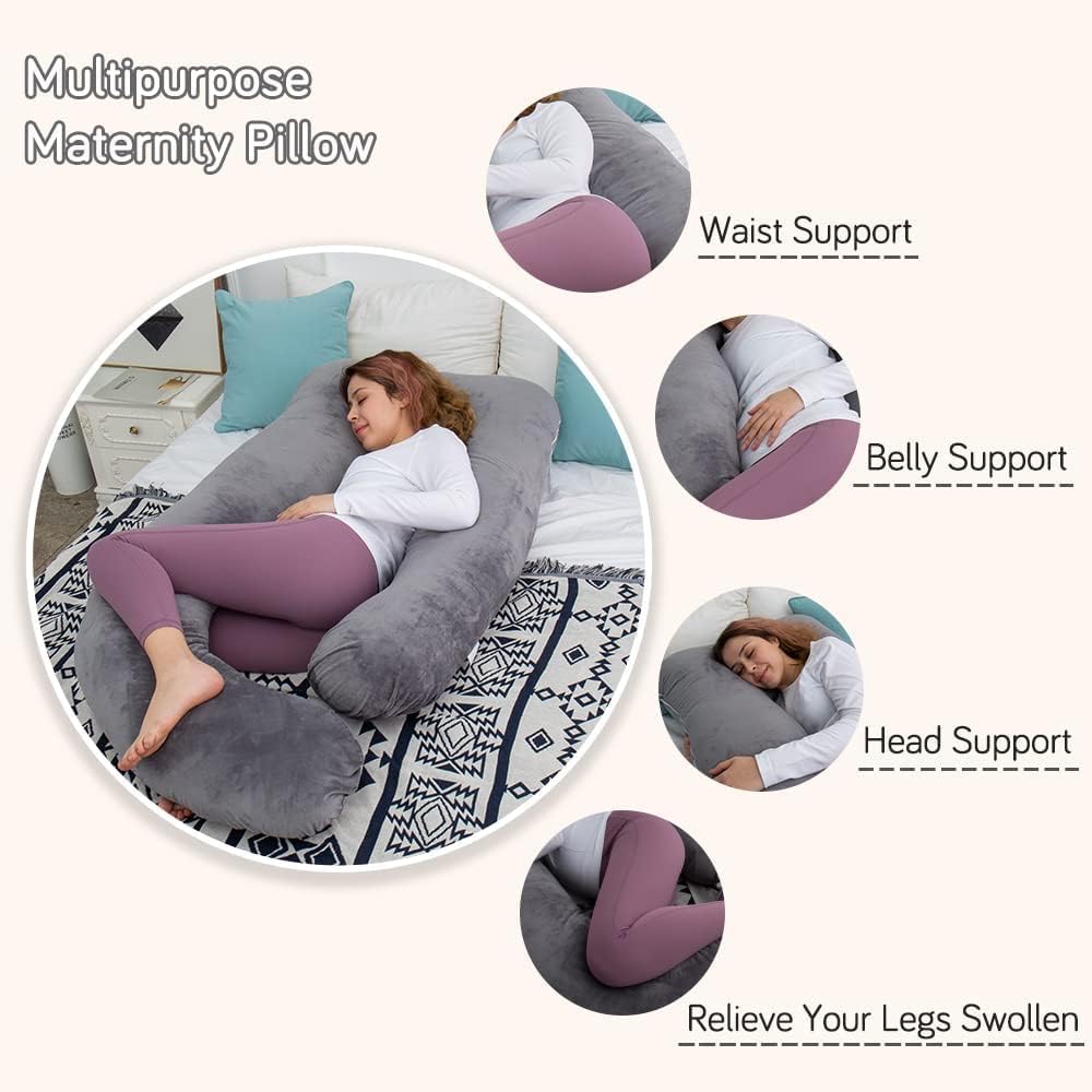 AMCATON 60 Inch U-Shaped Pregnancy Pillow with Velvet Cover