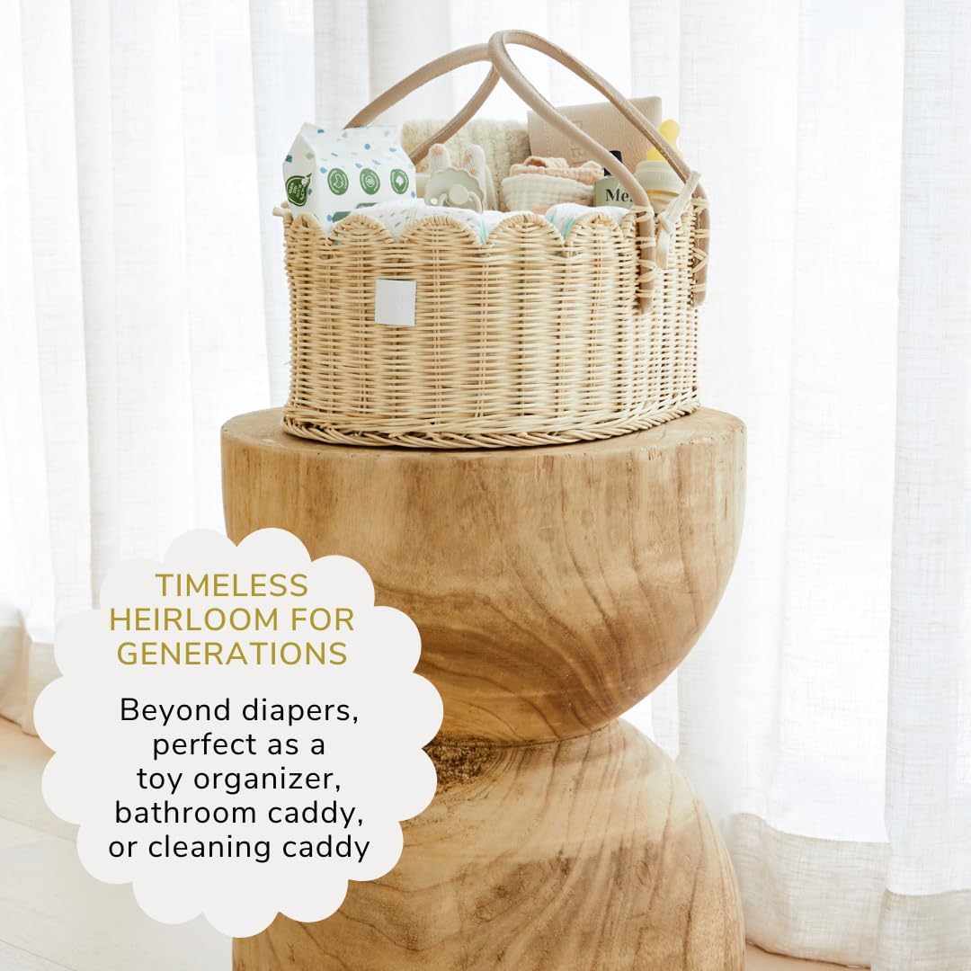 Premium Baby Diaper Caddy Organizer - Natural Scalloped Rattan 1