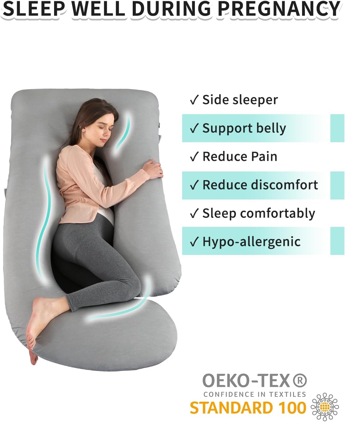 Wndys Dream Cooling Pregnancy Pillow for Full Body Support Grey