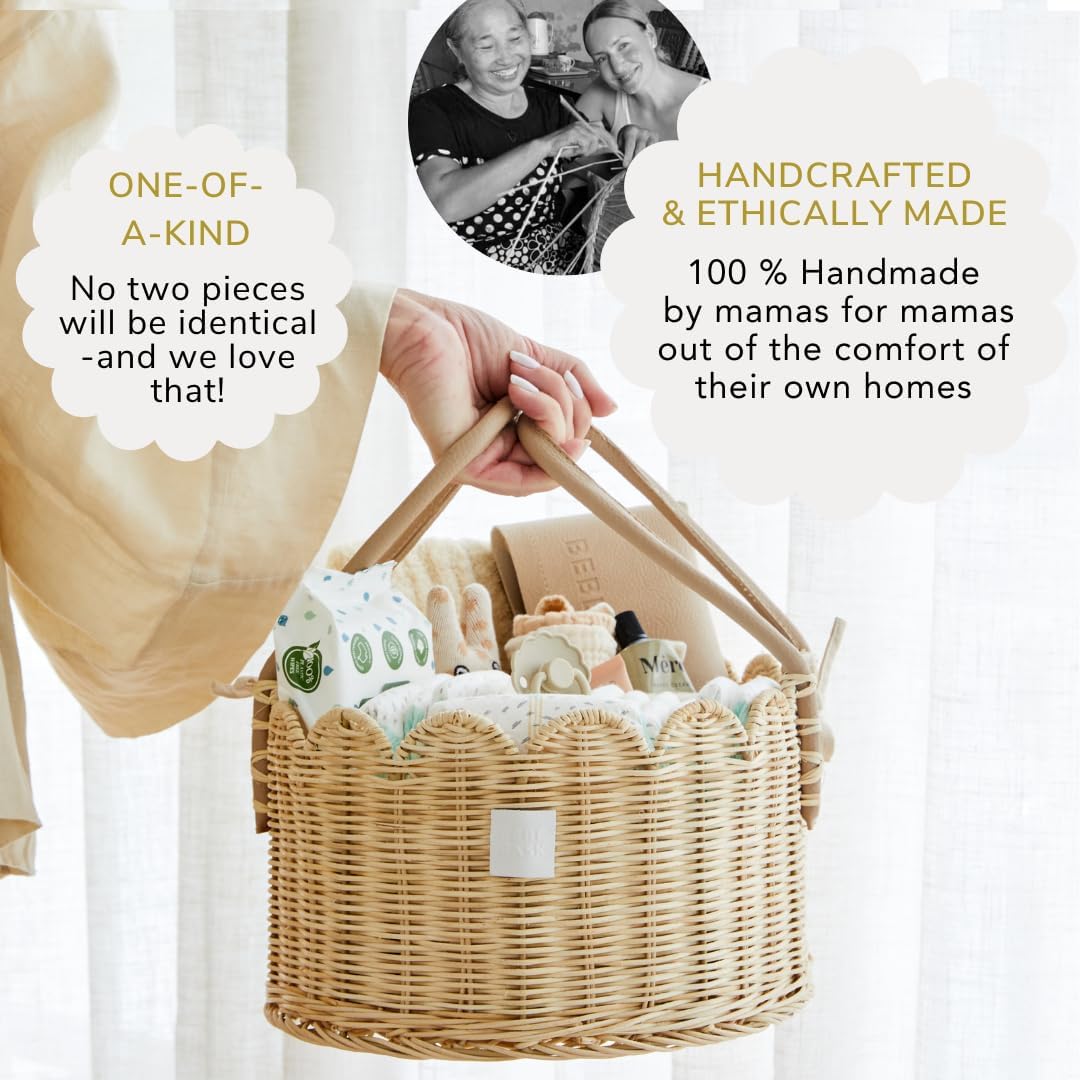 Premium Baby Diaper Caddy Organizer - Natural Scalloped Rattan 1