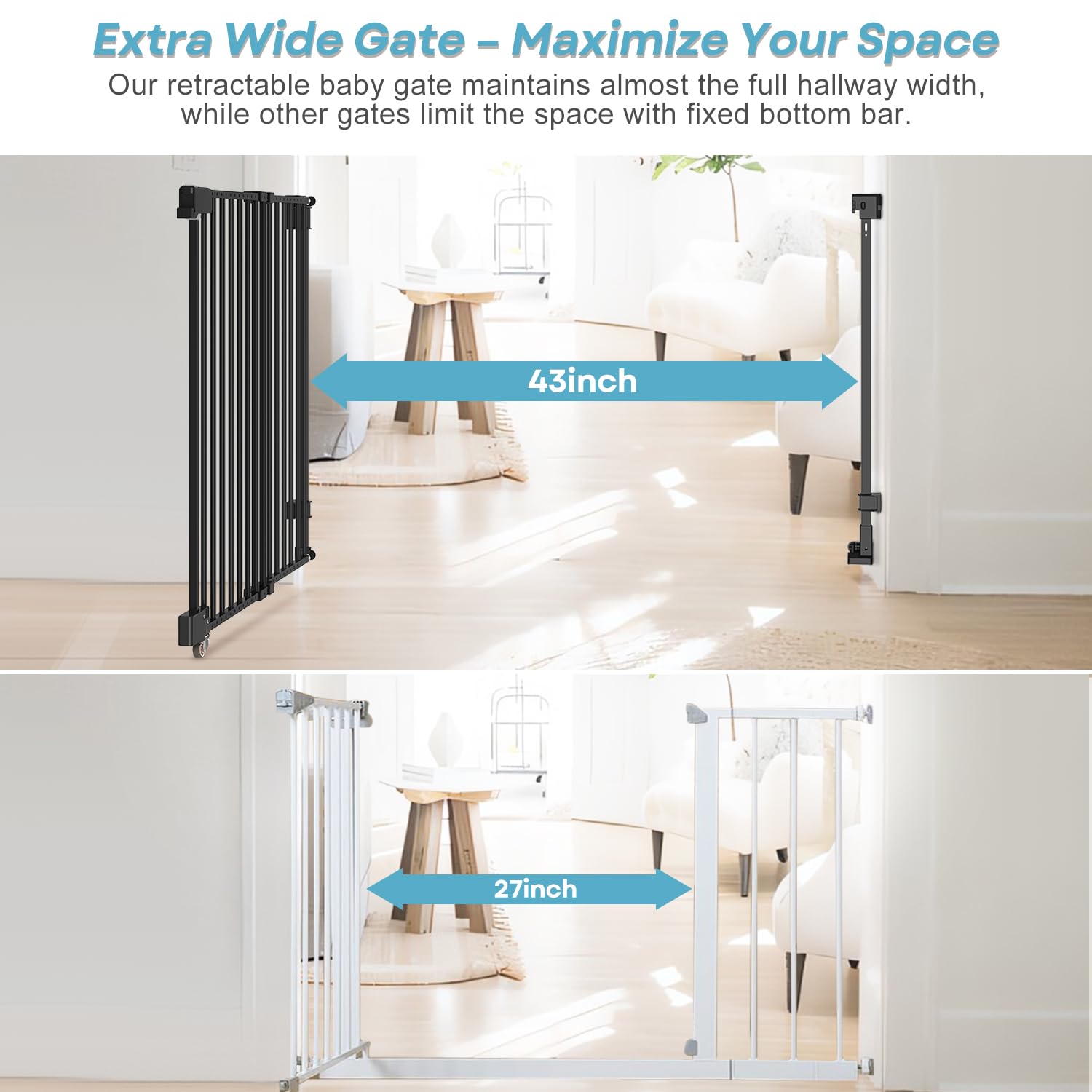 HUNTEA No Bottom Bar Stair Baby Gate - Adjustable 29 to 435
