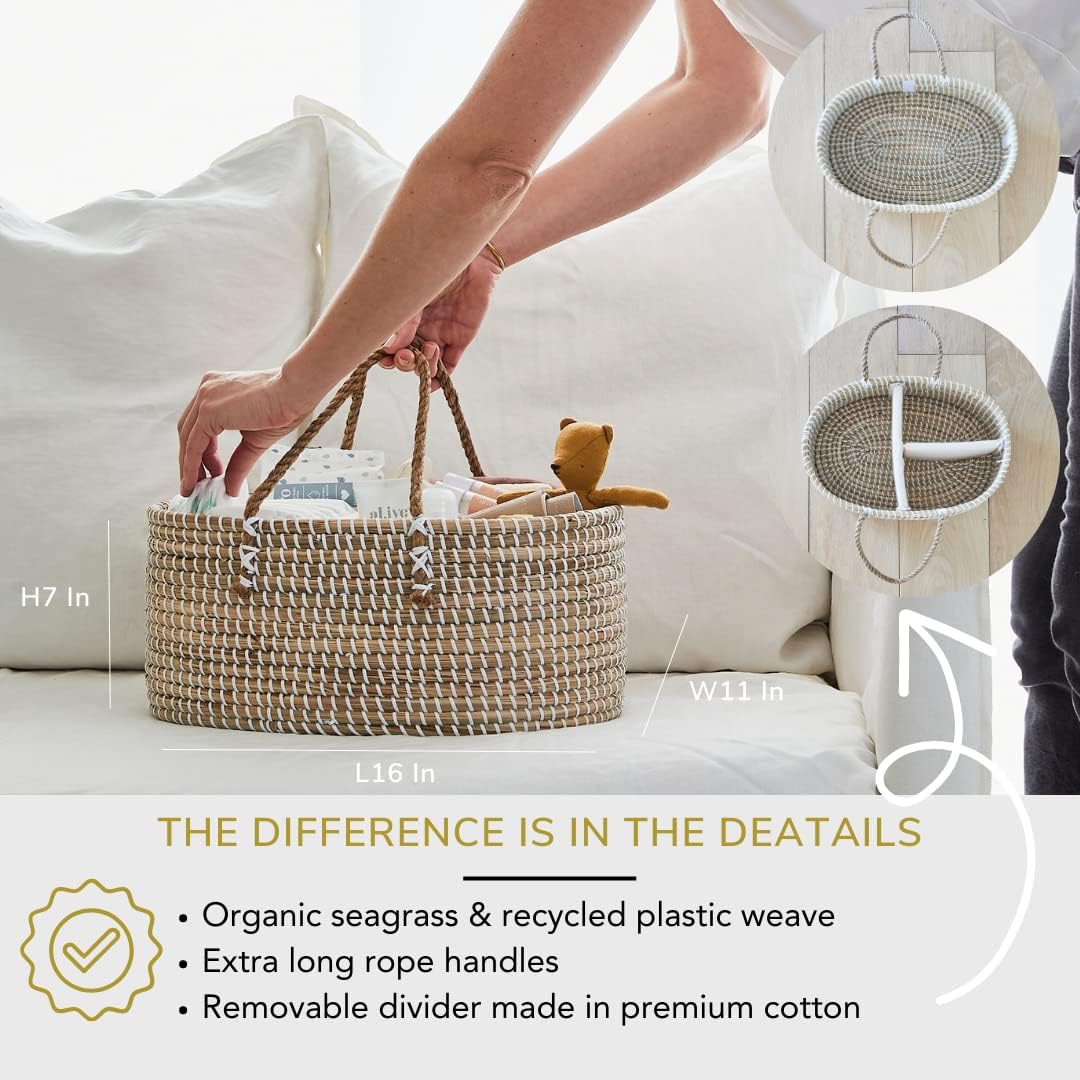Premium Baby Diaper Caddy Organizer - Handmade Seagrass Basket
