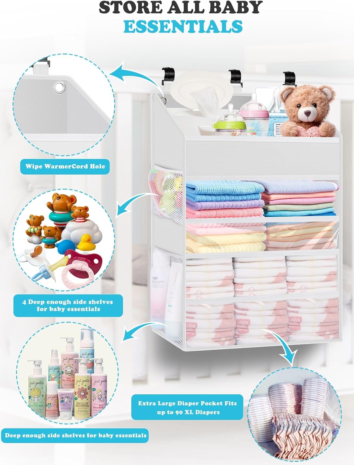 PHOTOONE Hanging Diaper Caddy Organizer - 90 Diapers Storage WhiteBeige