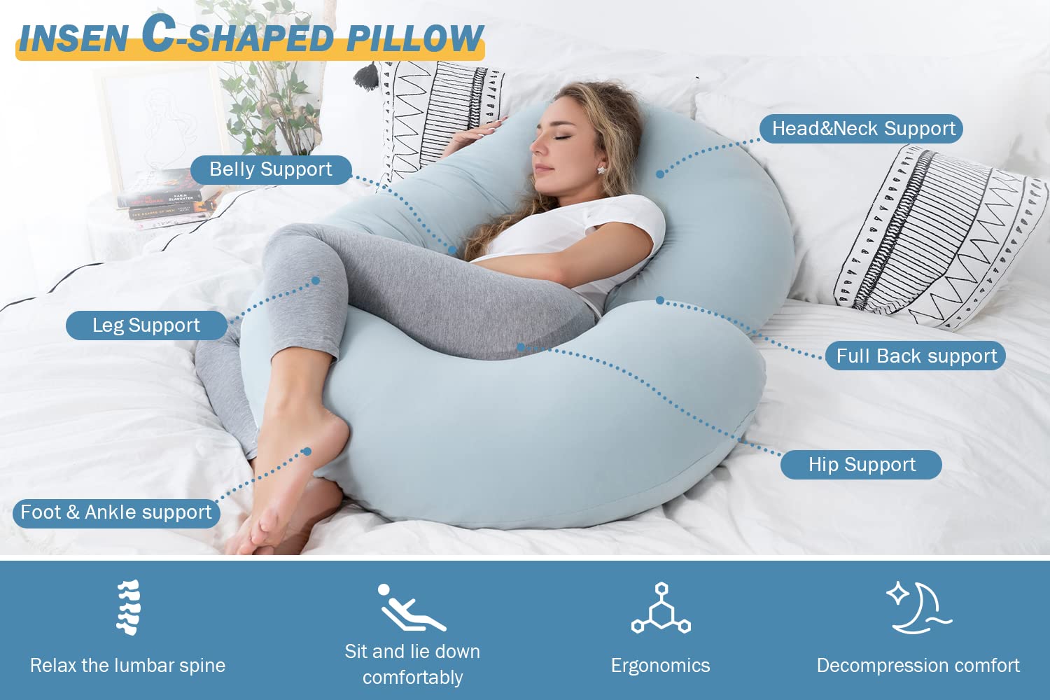 INSEN C-Shaped Pregnancy Pillow with Cooling Cotton Cover