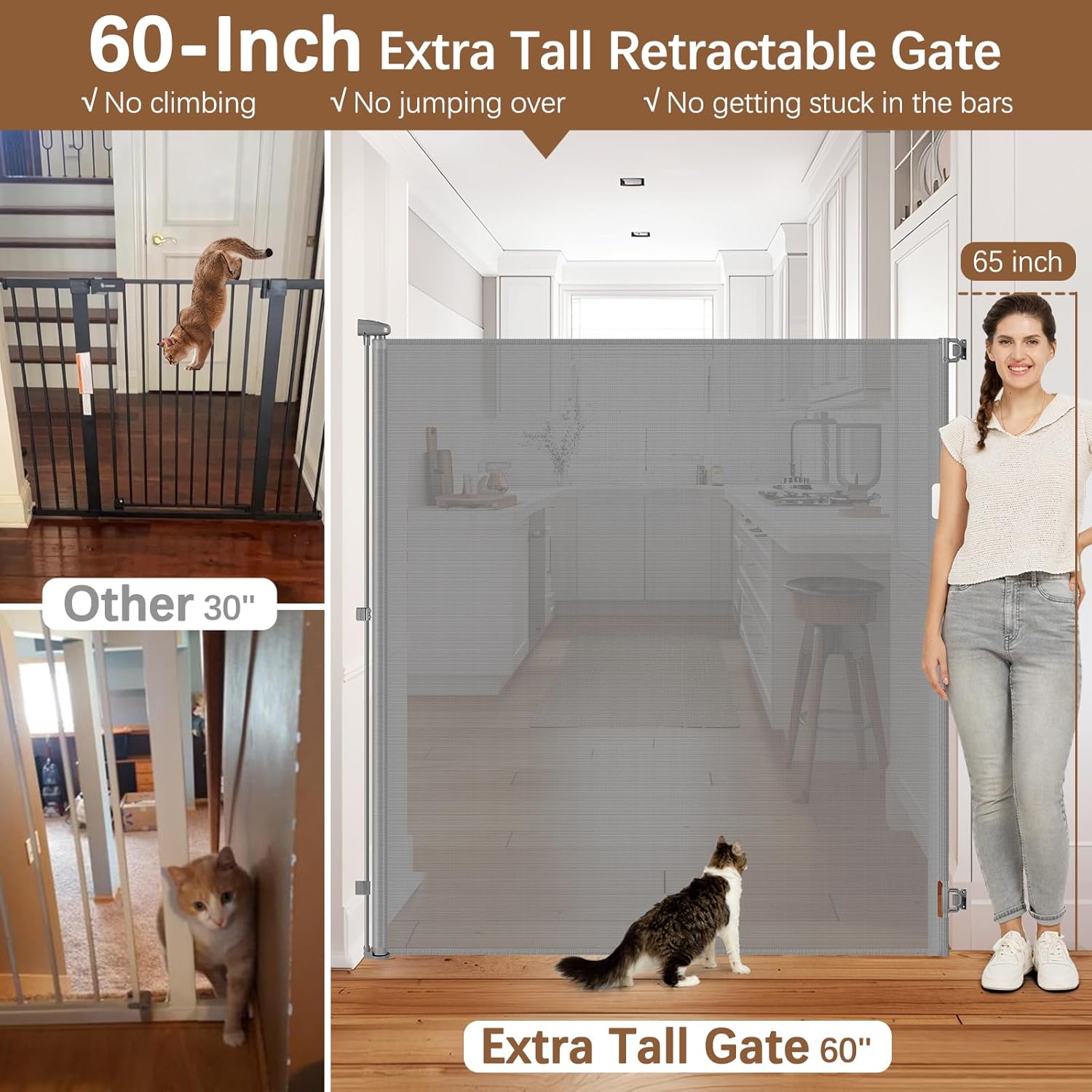 60 Inch Extra Tall Retractable Cat Gate - Gray
