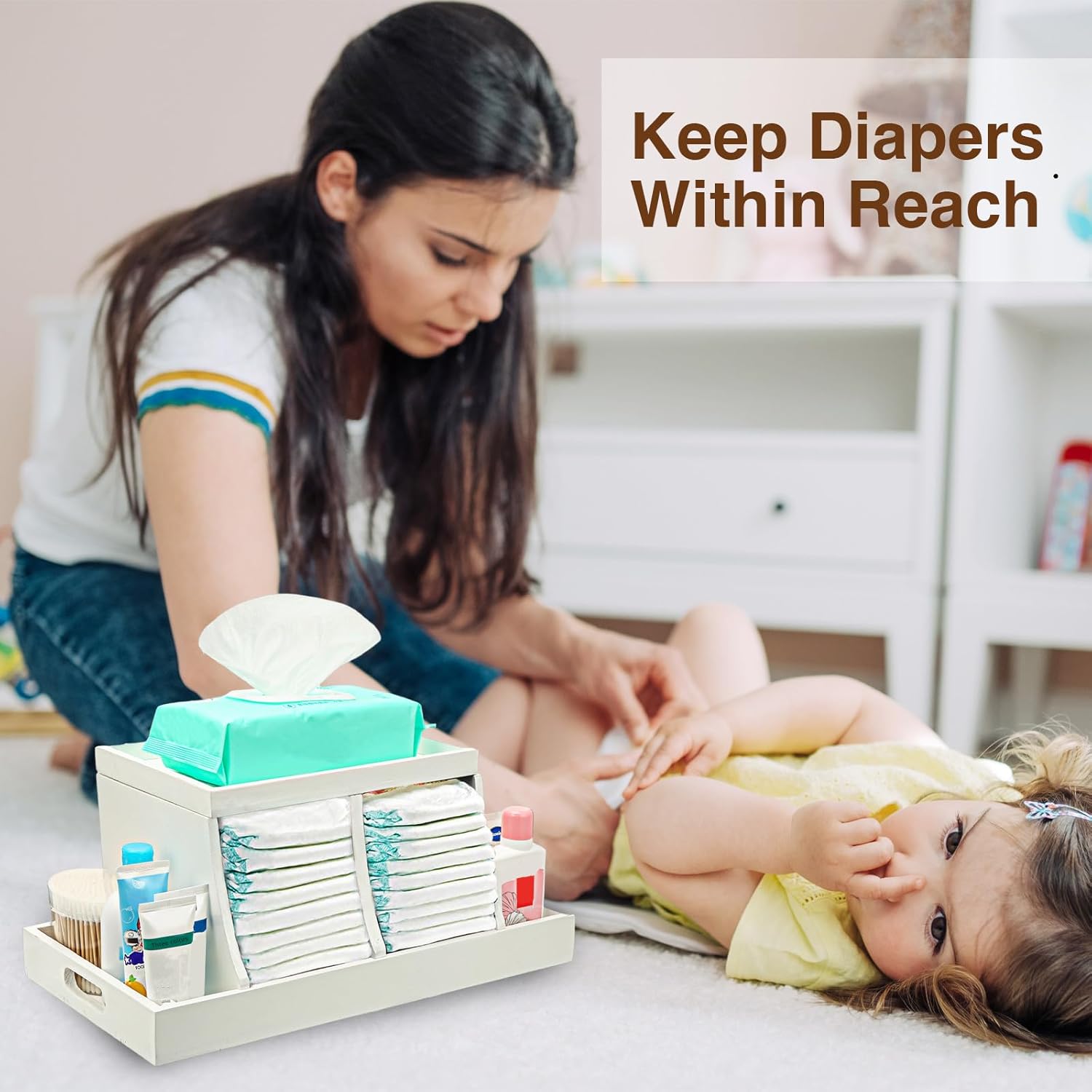 Three Colors Diaper Organizer with Wood Accents