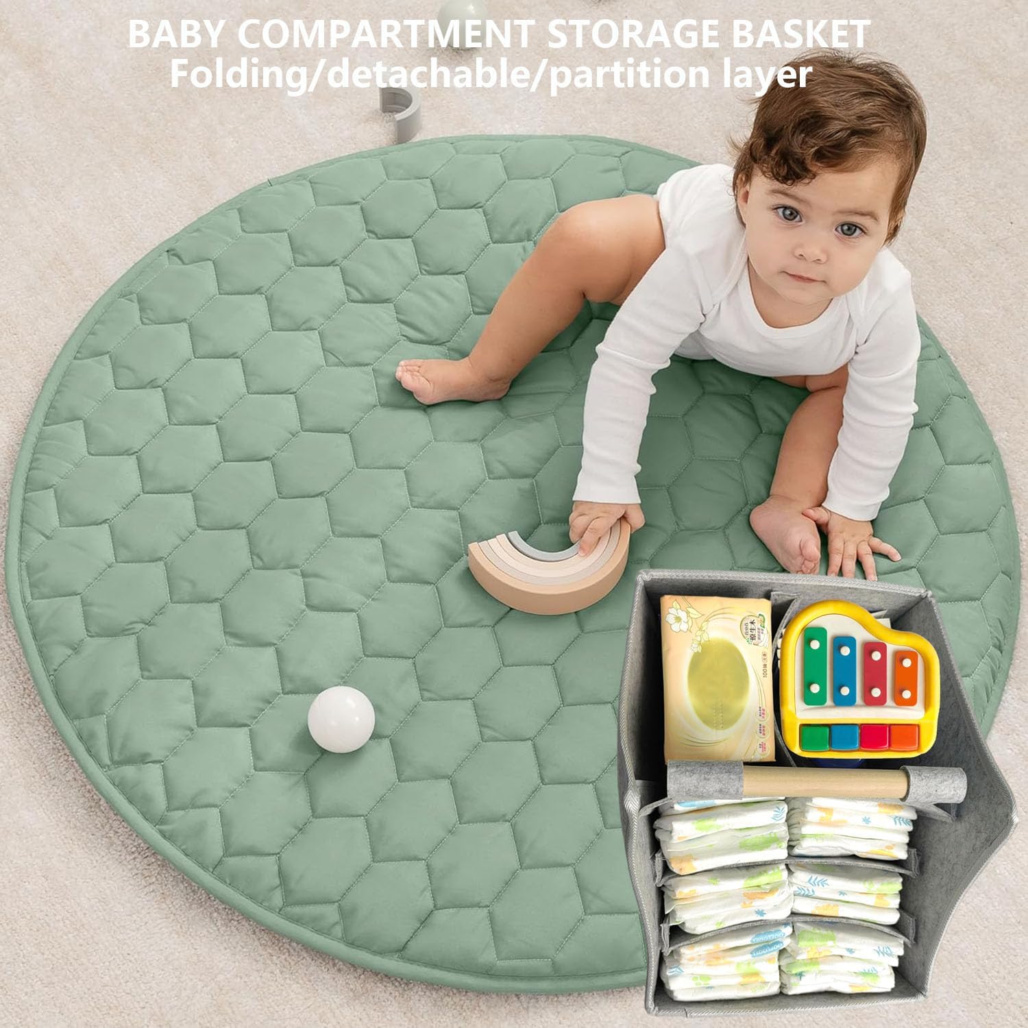 Baby Diaper Caddy Organizer with Solid Wood Handle and Detachable Pockets Grey