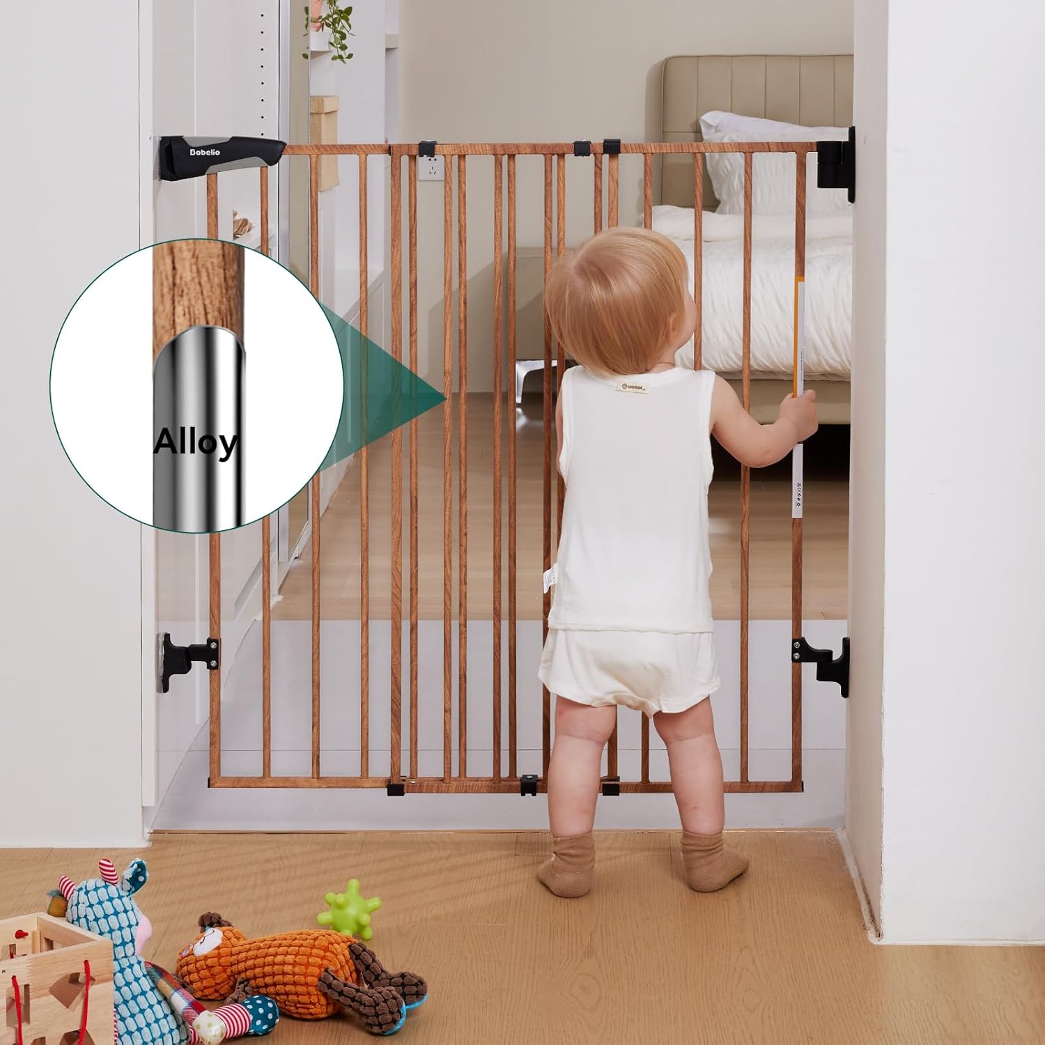 Babelio 26-43 Inch No Bottom Bar Baby Gate with Brown Wood Pattern