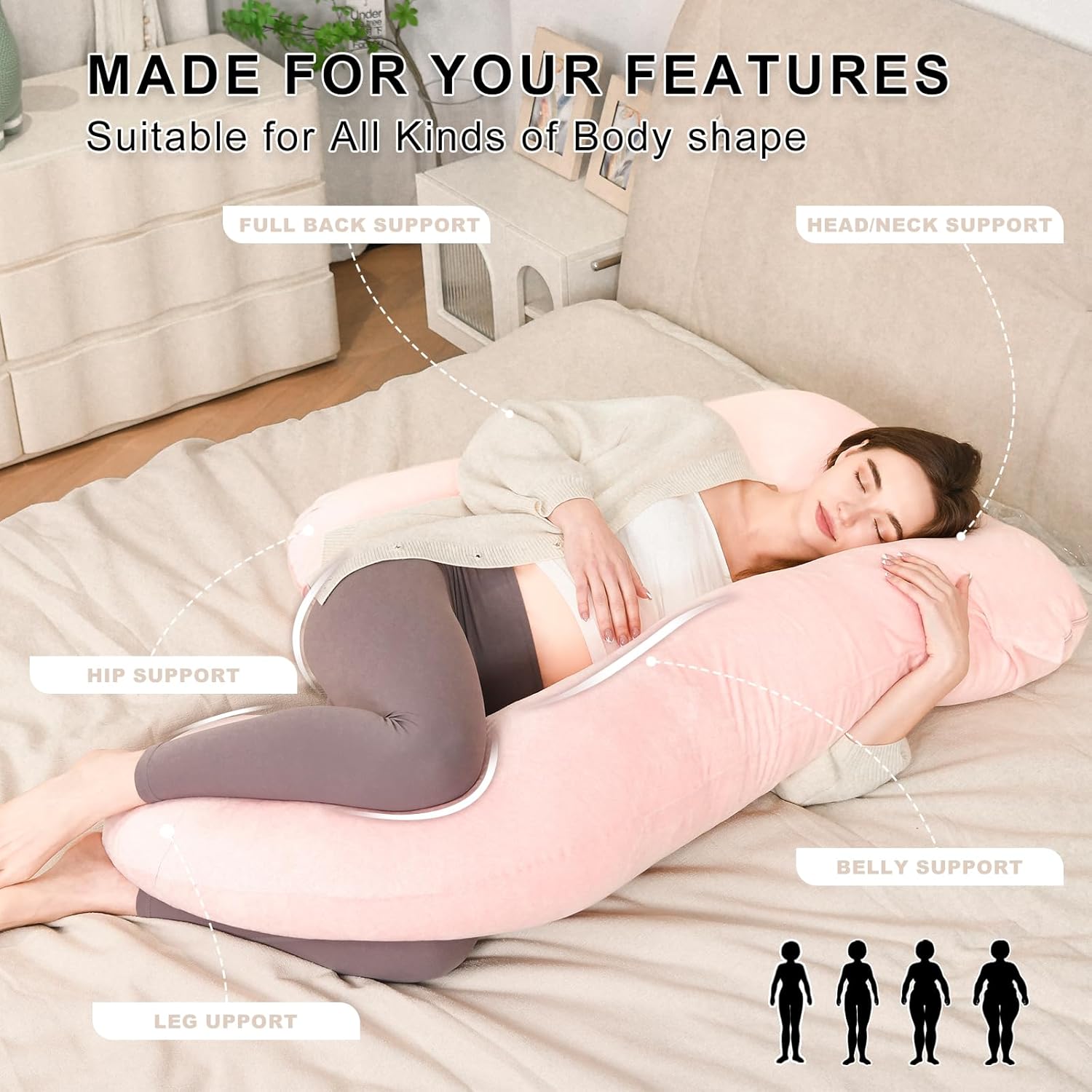 Iangorion Full Body Pillow Pink U-Shaped Maternity Support