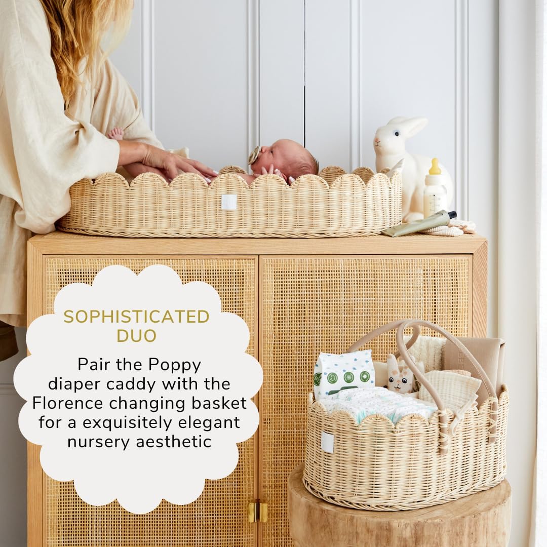 Premium Baby Diaper Caddy Organizer - Natural Scalloped Rattan 1