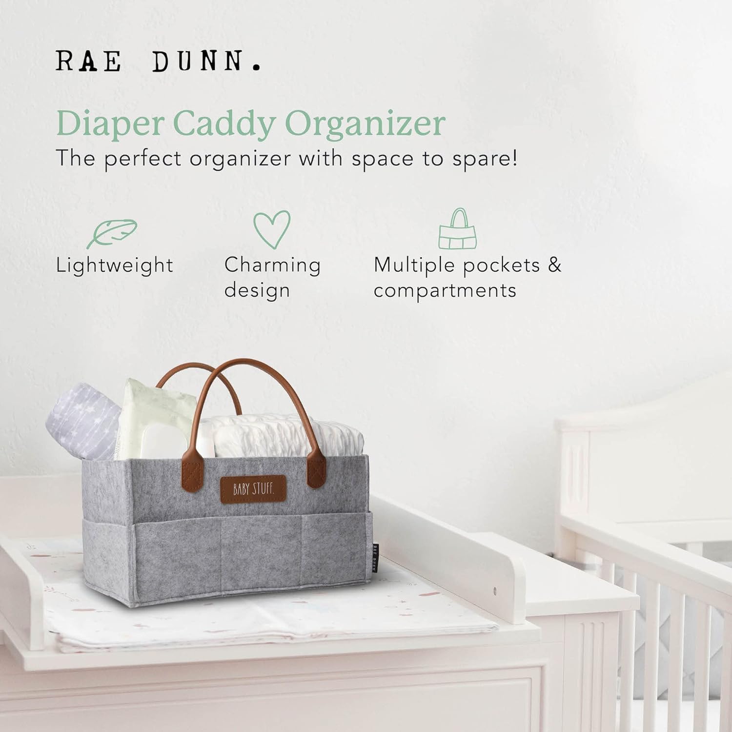 Rae Dunn Baby Diaper Caddy Organizer Grey Felt With Leather Handles