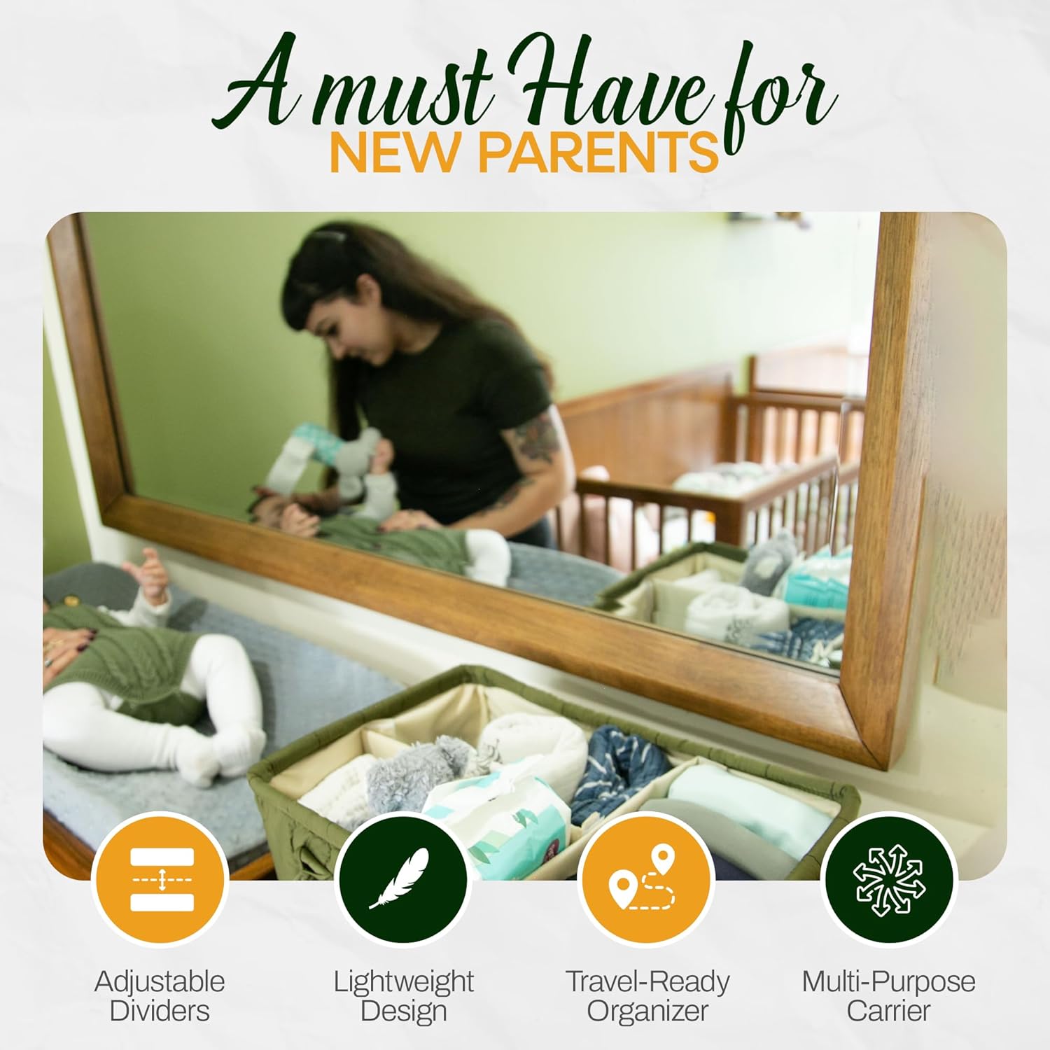 Large Diaper Caddy Organizer with Handle - Deep Olive Green
