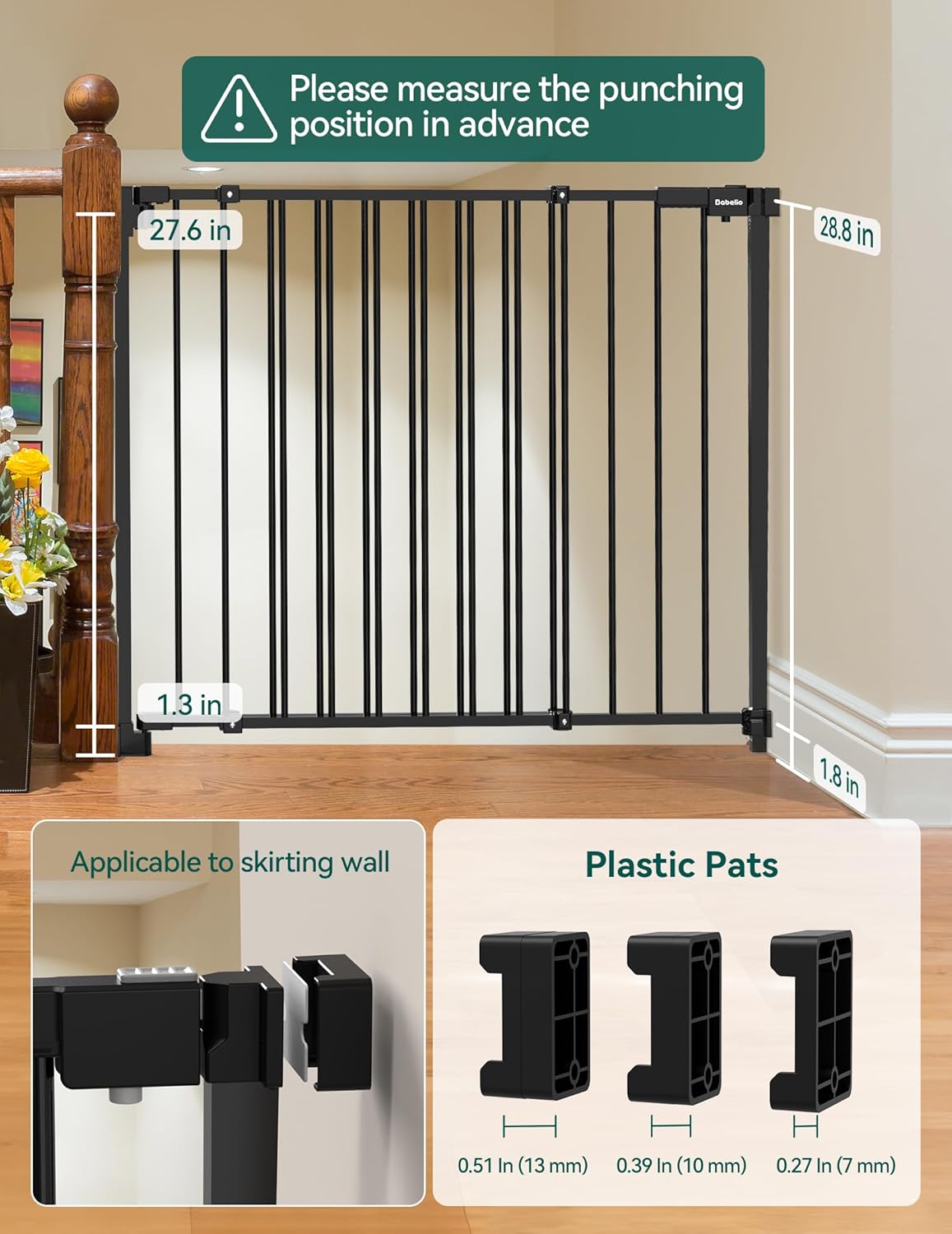 Babelio Stair Door Baby Gate No Bottom Bar 30 Tall Black