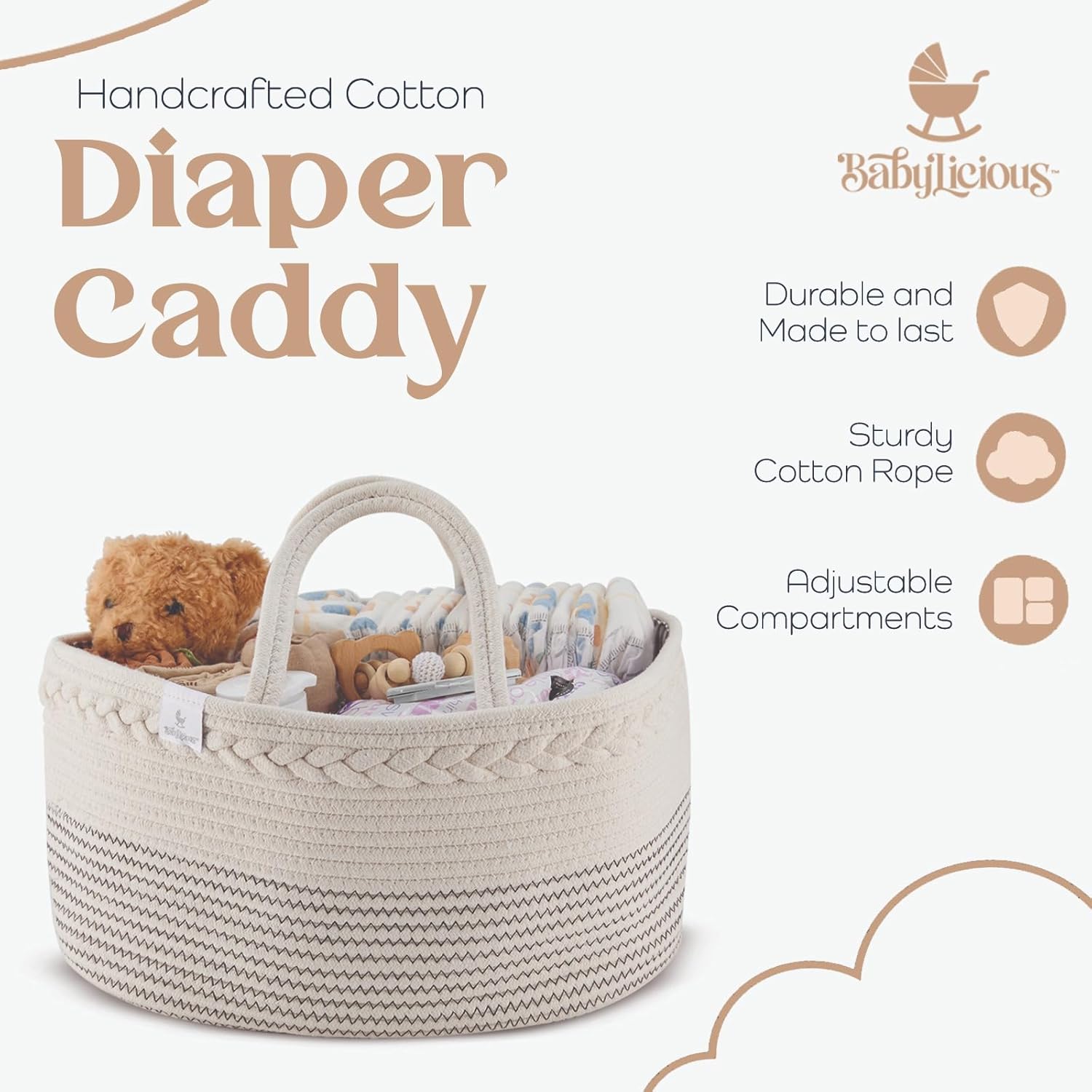 Babylicious Diaper Caddy Organizer with Cotton Rope - Large Newborn Storage