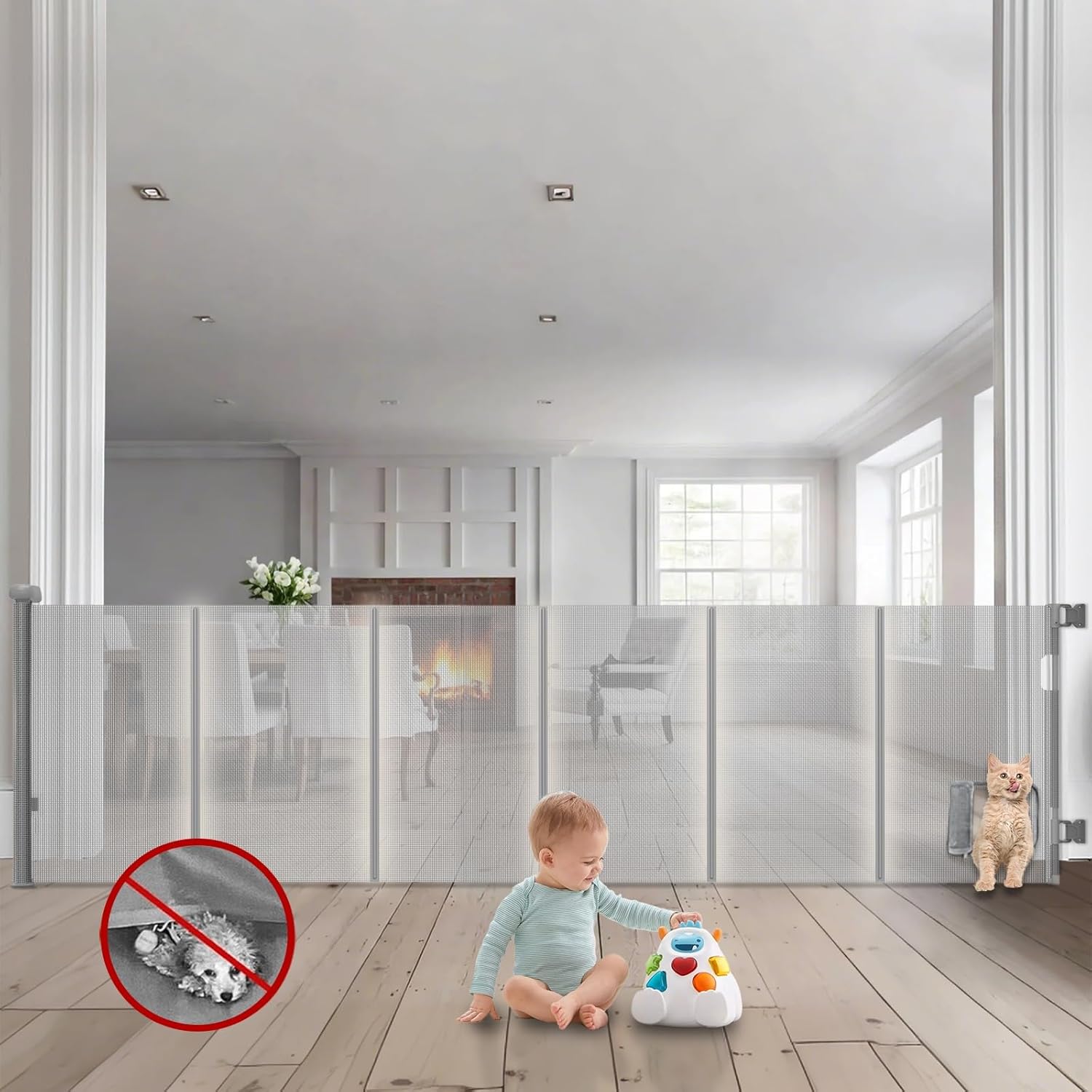 Retractable Baby Gate with Cat Door - 140 Wide 33 Tall Gray