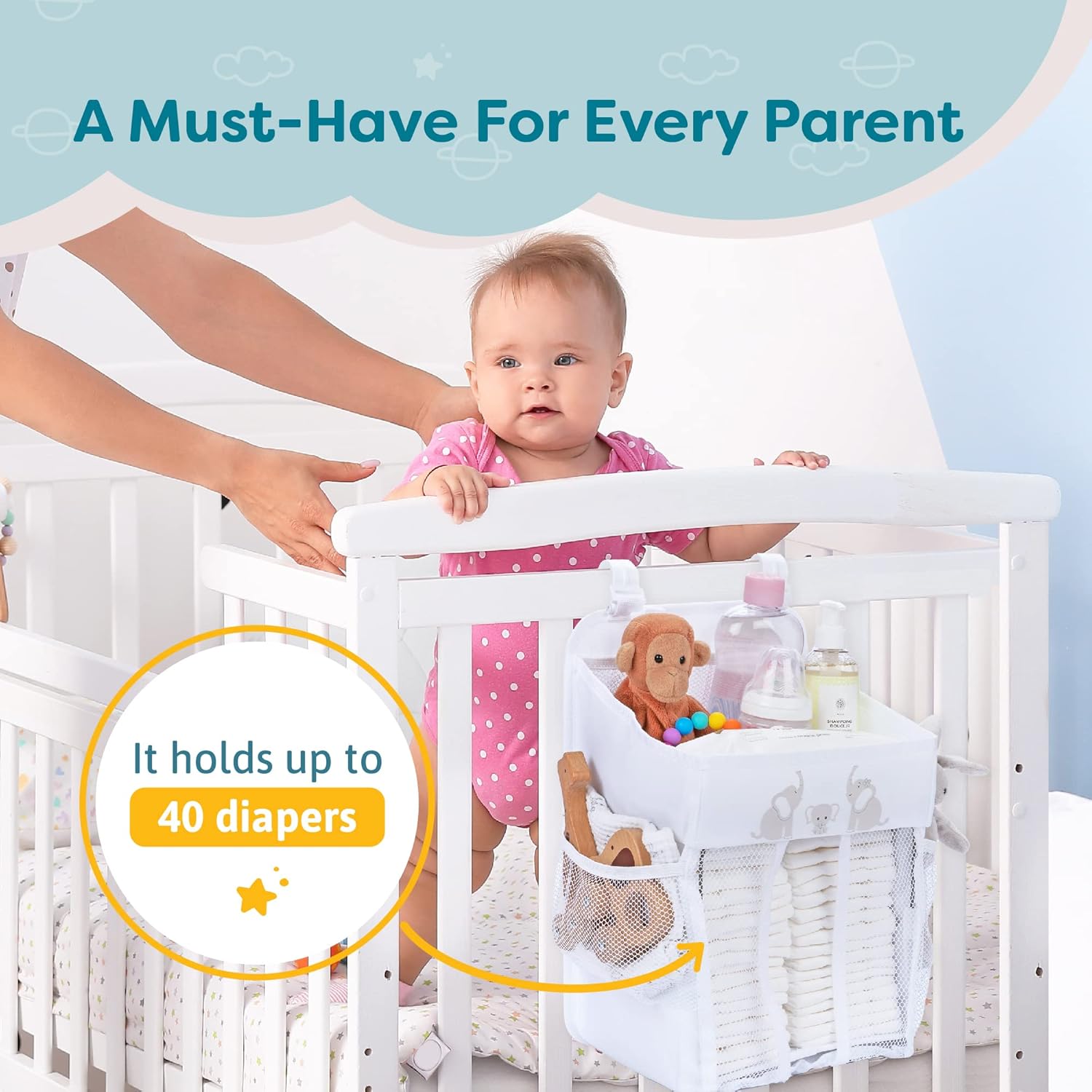 CRADLE STAR Hanging Diaper Caddy Organizer - 50 Diapers 17x9x9 Inches White