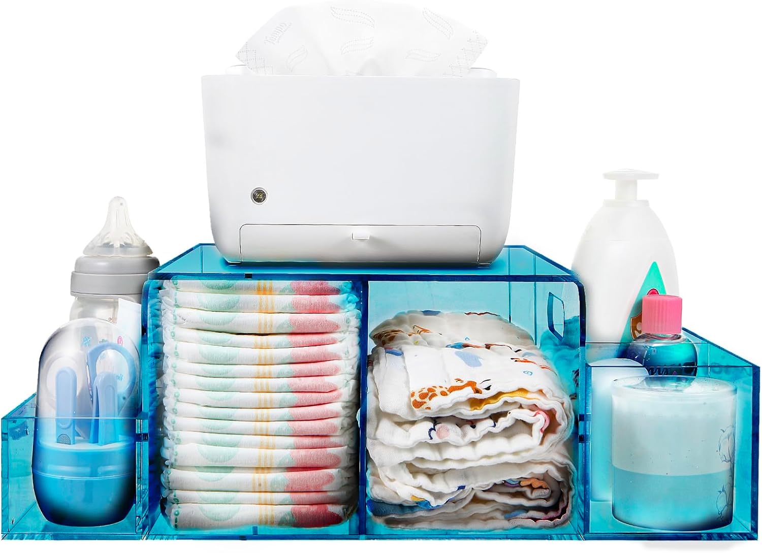 Nanyezh Acrylic Diaper Caddy 4 Compartment Organizer with Anti-slip Feet Blue