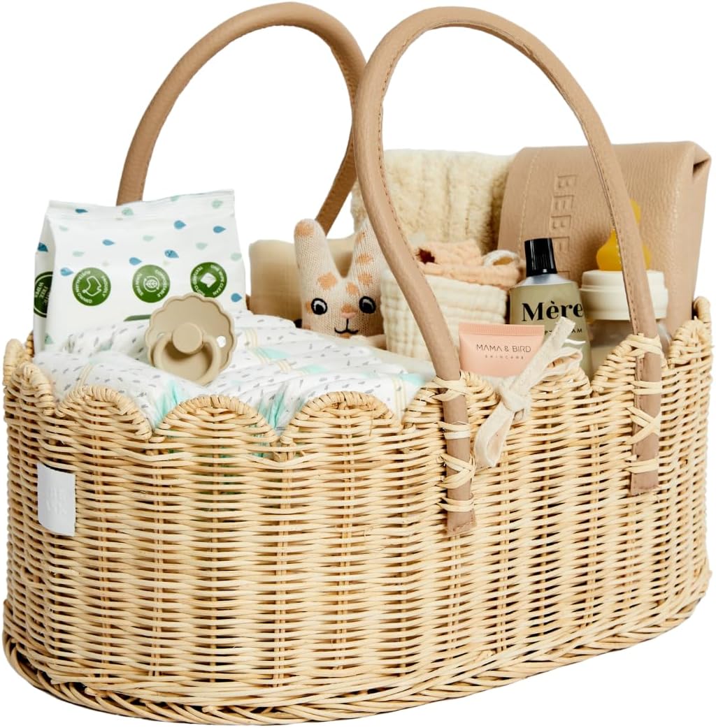 Premium Baby Diaper Caddy Organizer - Natural Scalloped Rattan 1