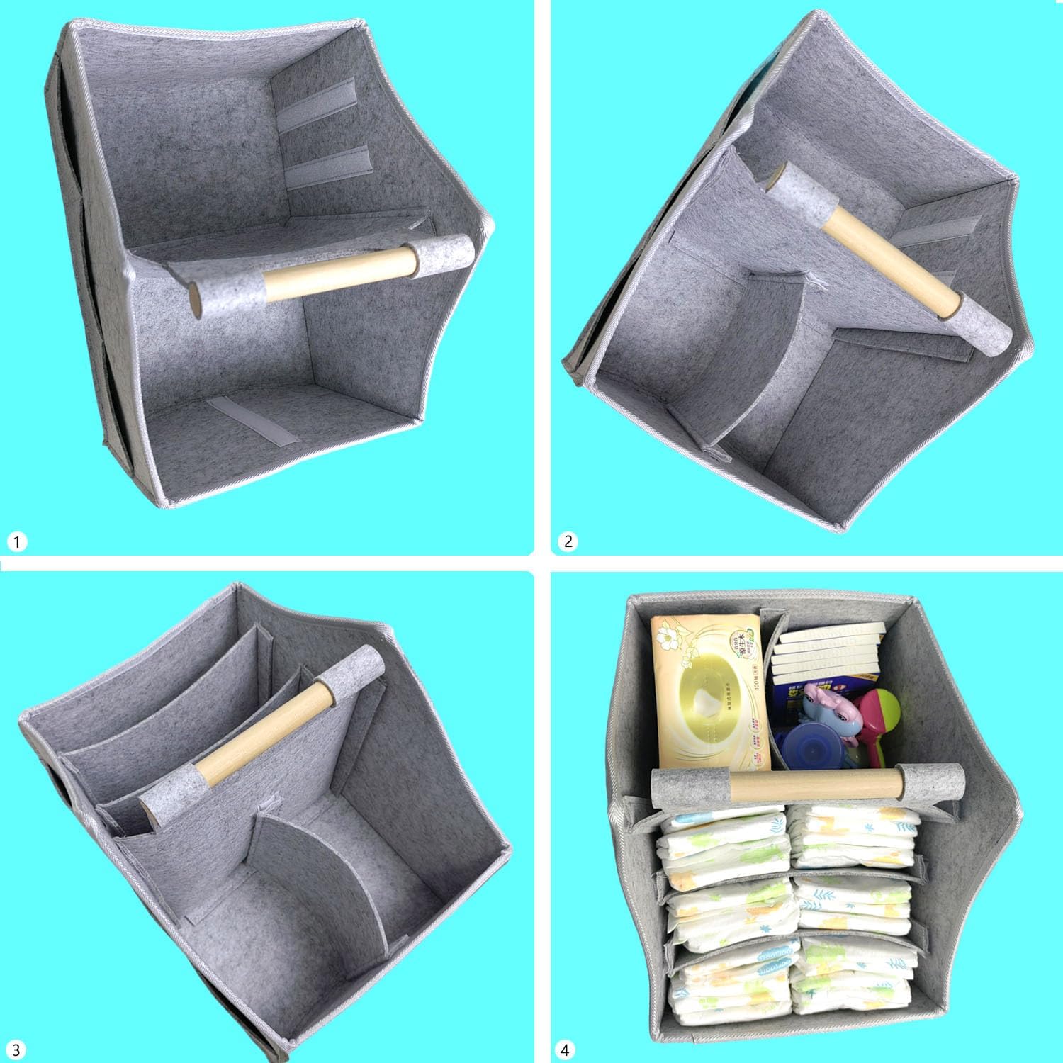 Baby Diaper Caddy Organizer with Solid Wood Handle and Detachable Pockets Grey