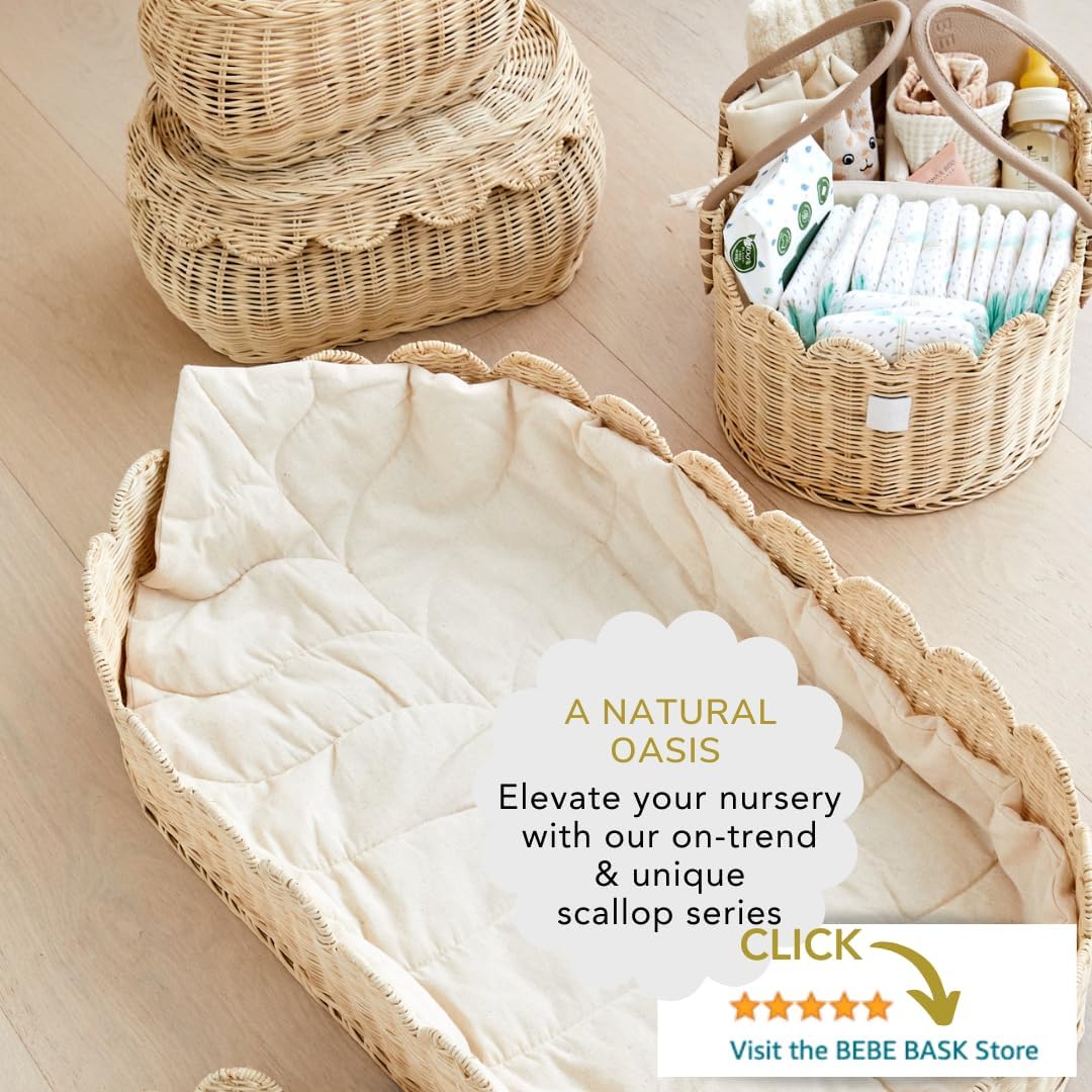 Premium Baby Diaper Caddy Organizer - Natural Scalloped Rattan 1