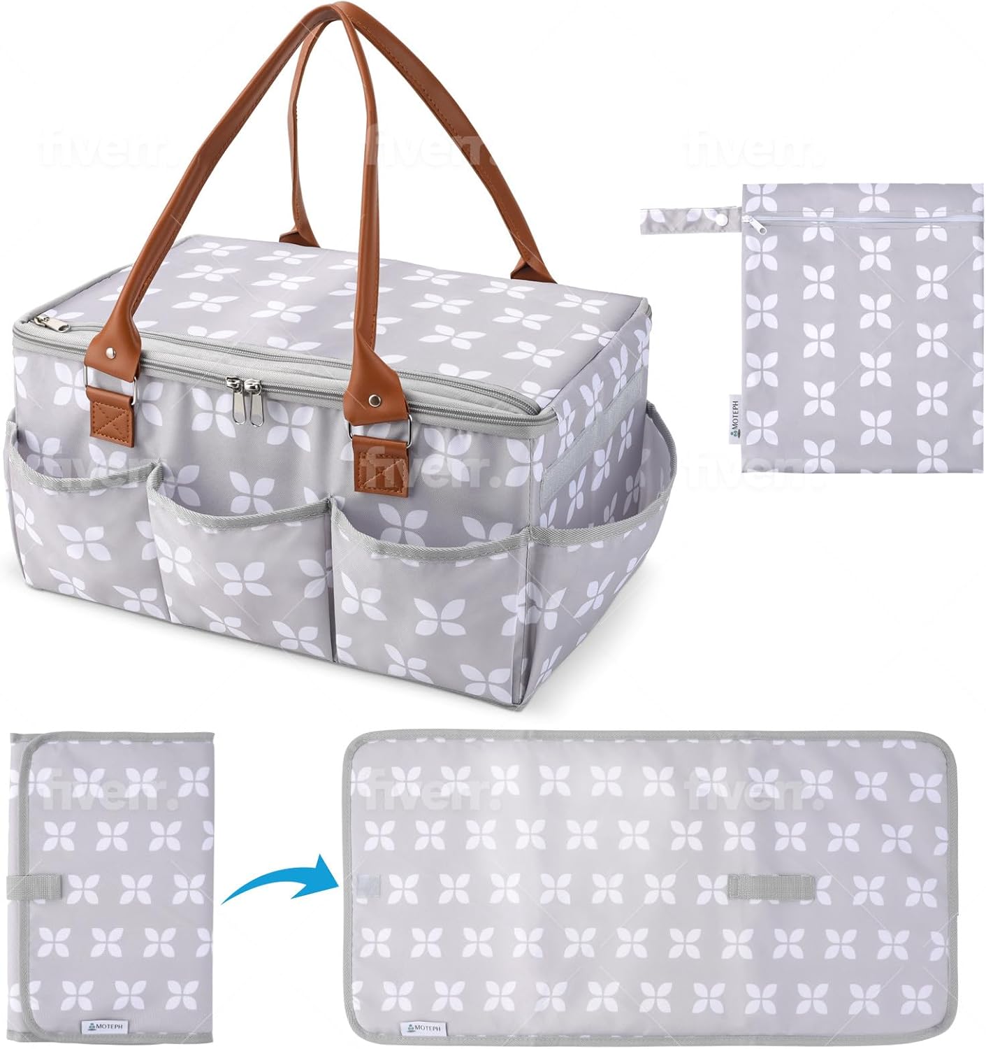 Moteph Diaper Caddy Organizer - Large Grey with Changing Mat and Lid