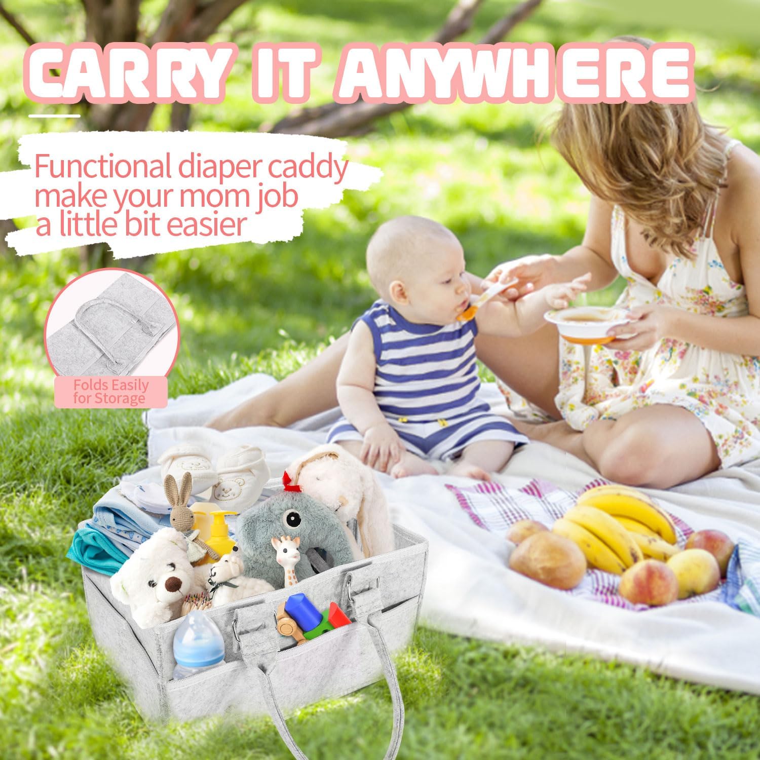 Baby Diaper Caddy with Handle and Side Pockets