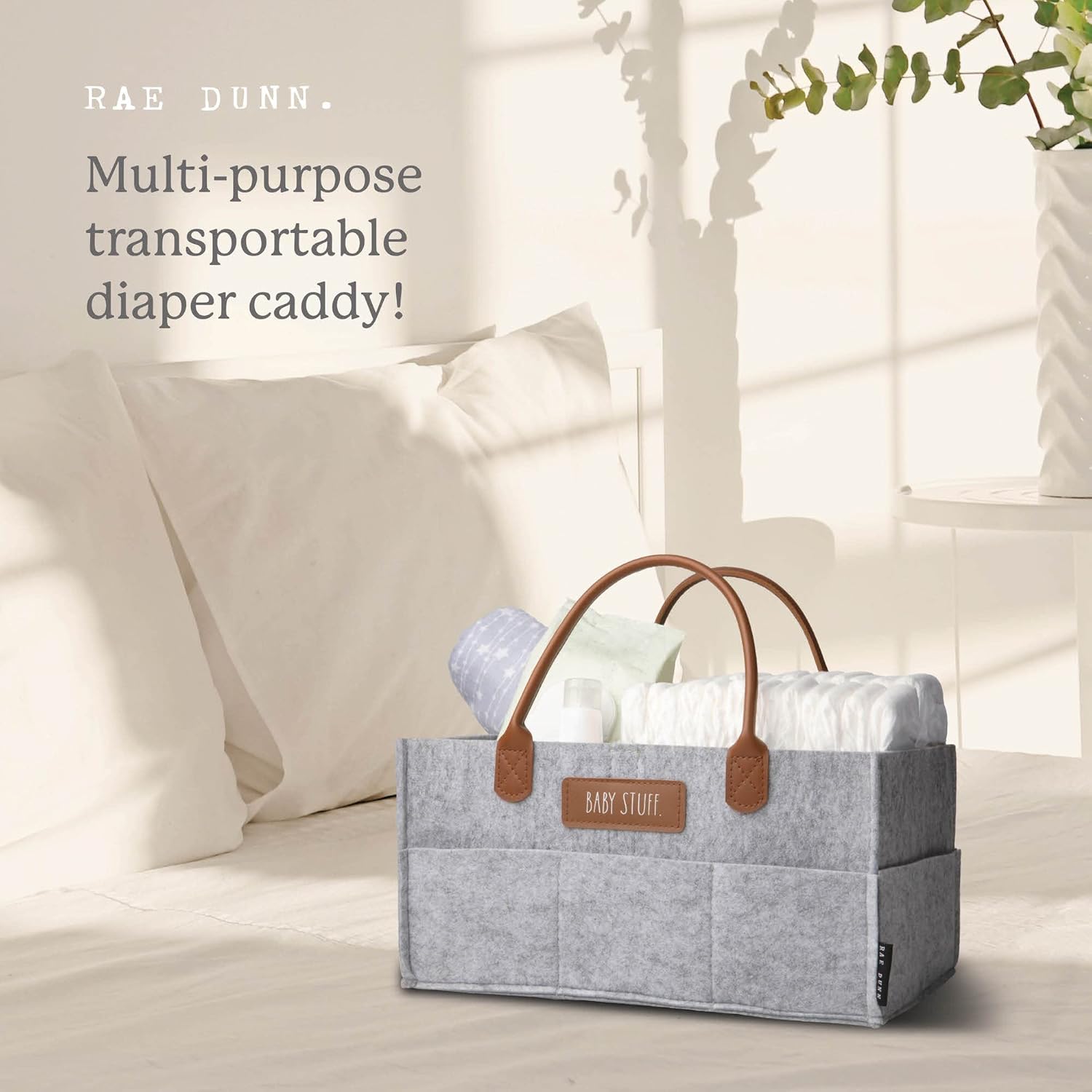 Rae Dunn Baby Diaper Caddy Organizer Grey Felt With Leather Handles