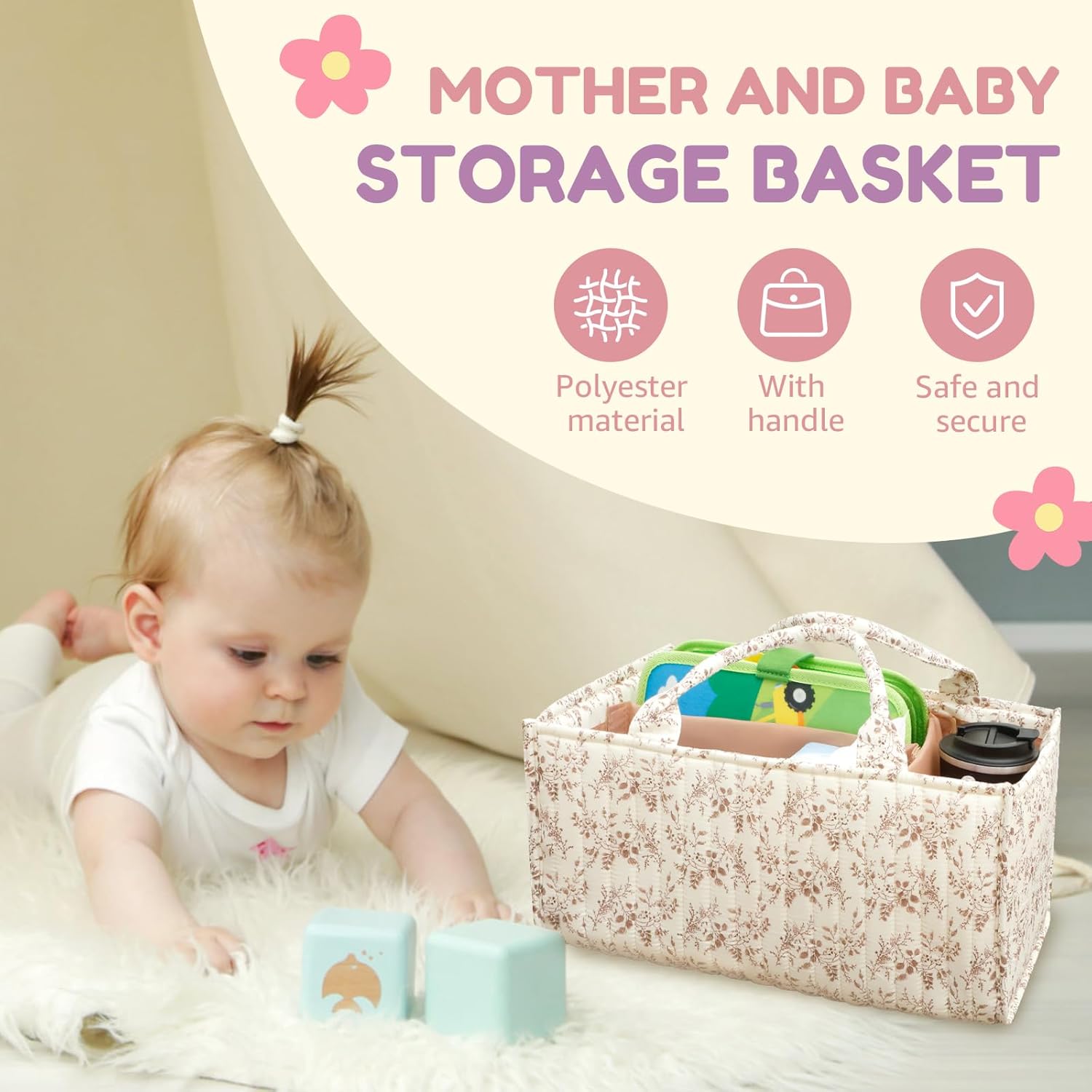 Floral Diaper Caddy Organizer with Handles and Dividers
