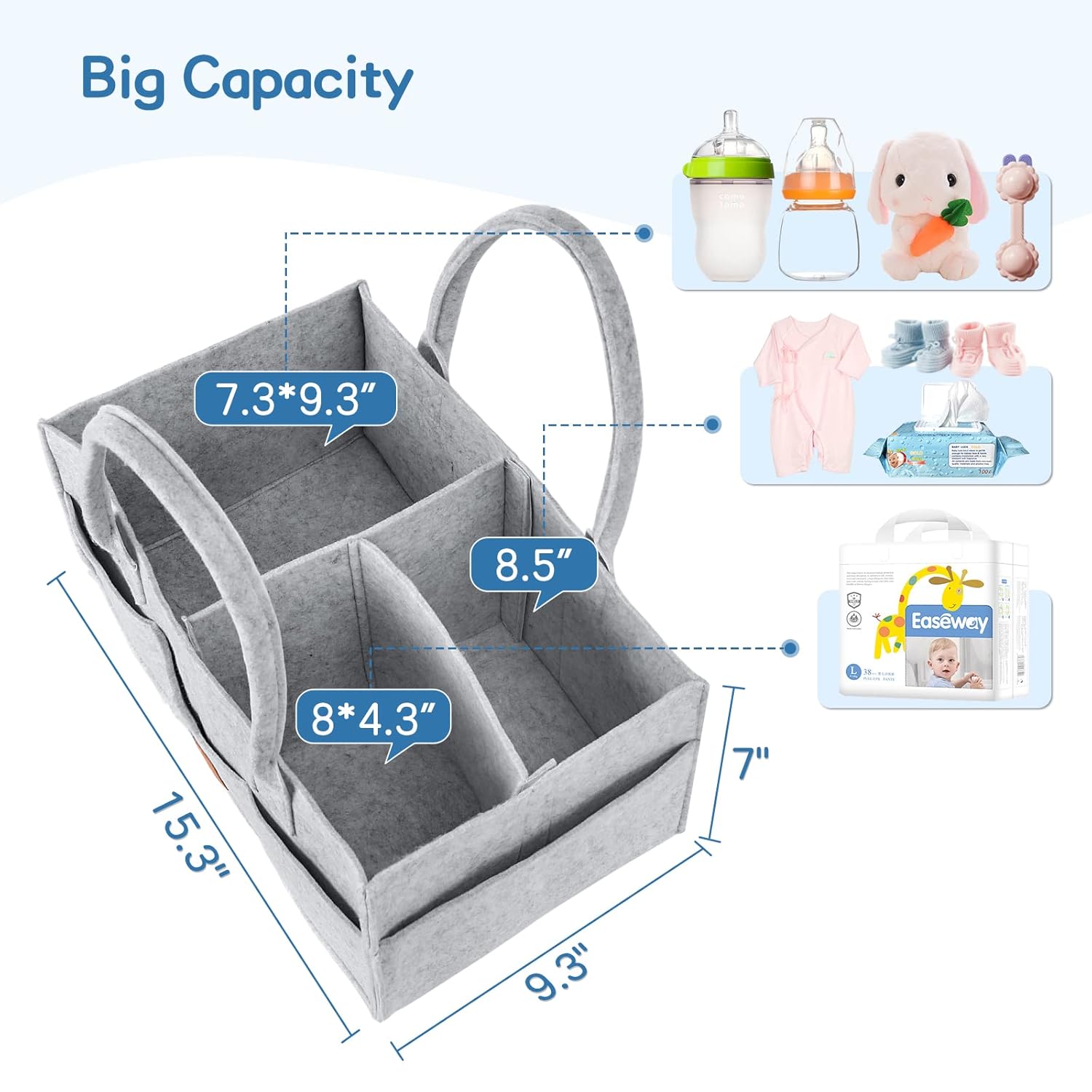 Maliton Diaper Caddy Organizer - Grey 15x9x7 Inch Felt Material 8 Pockets