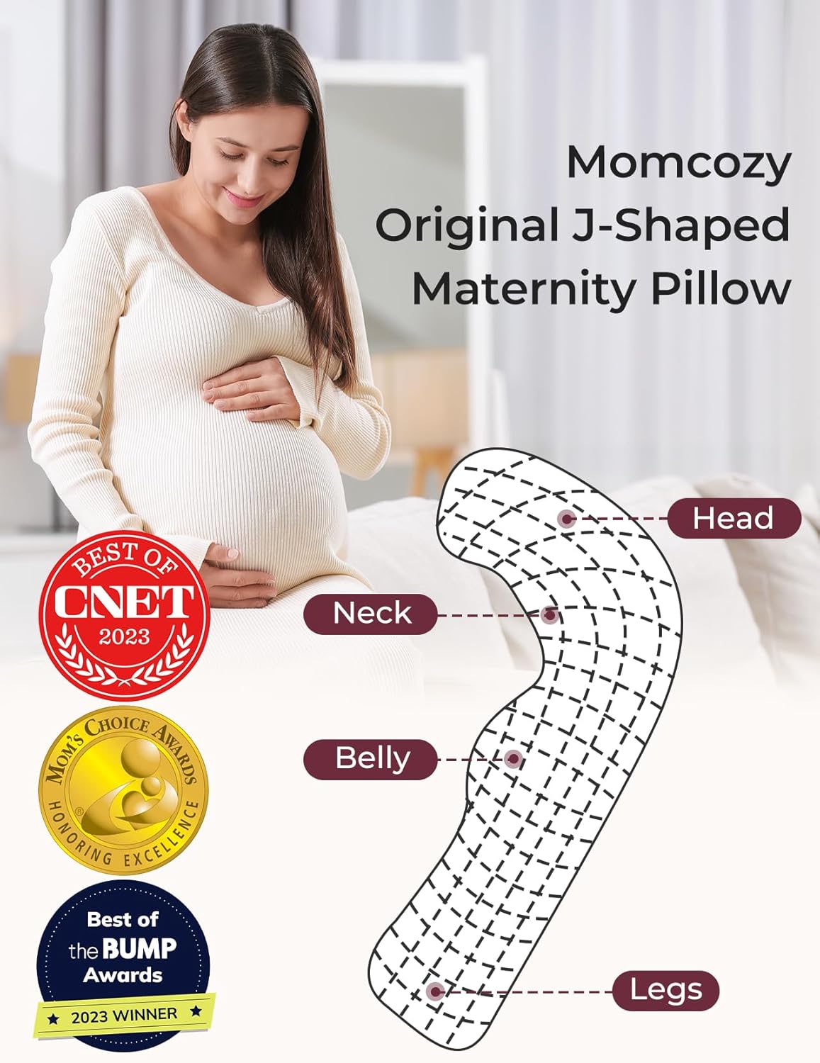 Momcozy J-Shaped Pregnancy Pillow with Cooling Cover