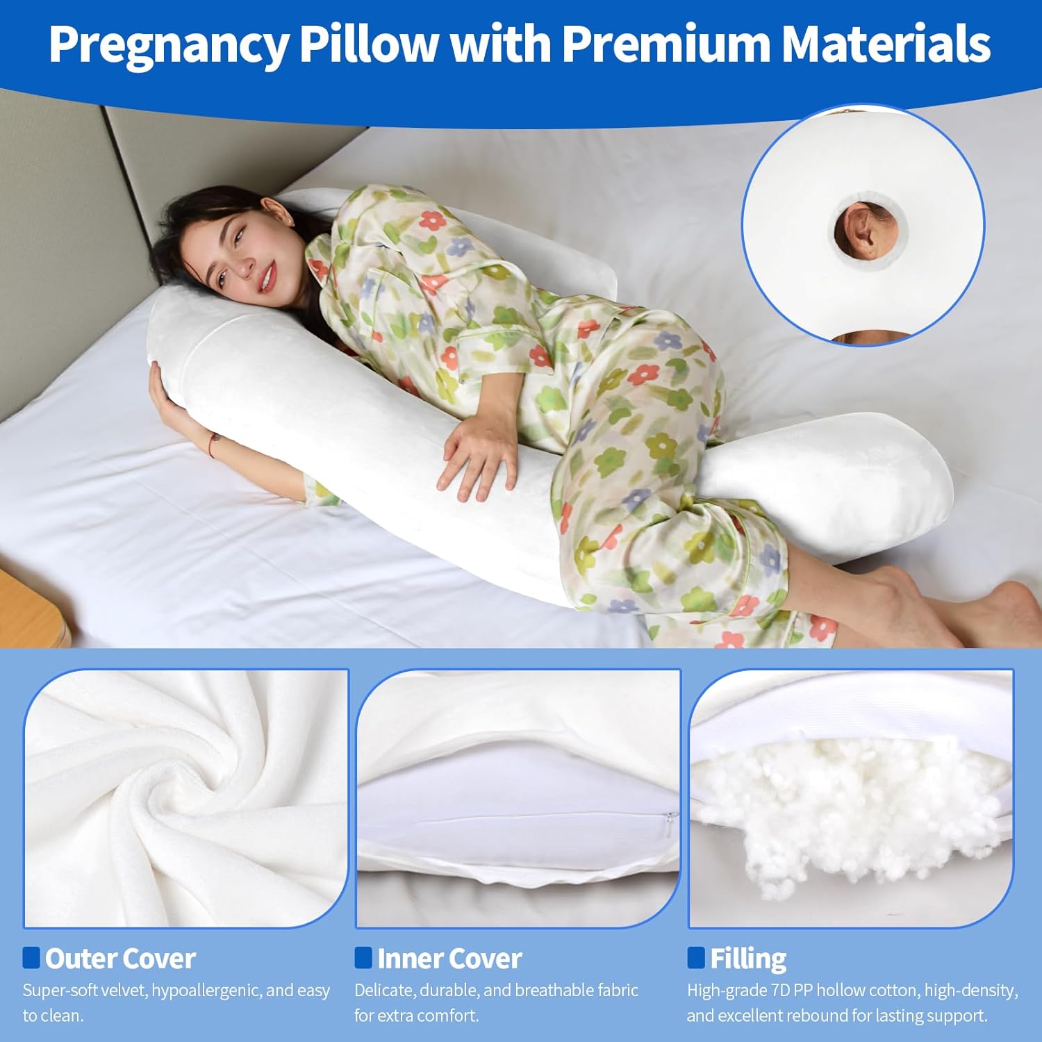 Pozico Pregnancy Pillow with Ear Piercing U-Shaped 51 Inch