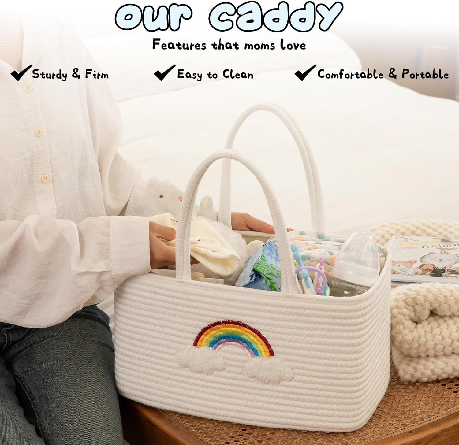 OIAHOMY Large Baby Diaper Caddy with Rainbow Design
