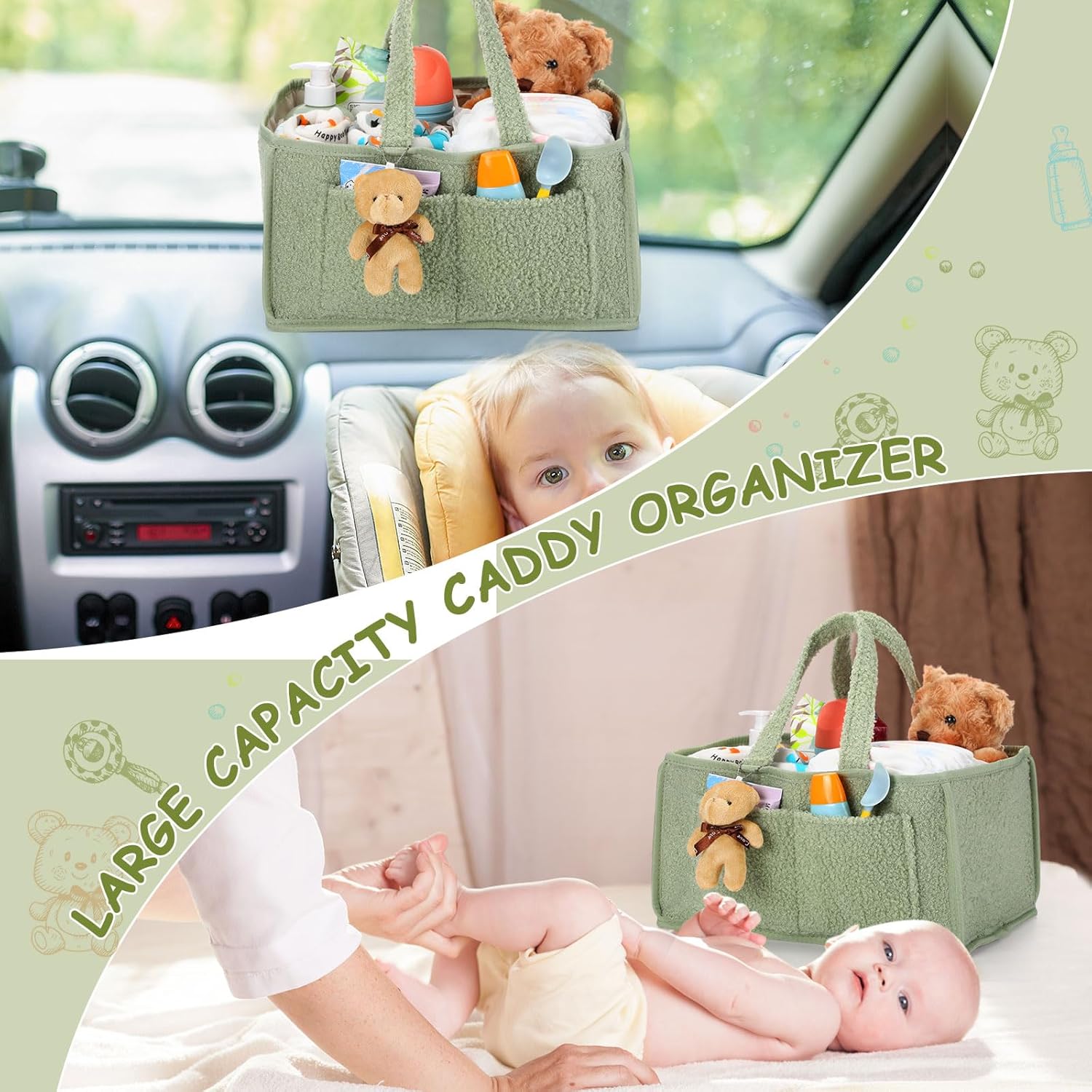 Teenyyou 2 Pcs Baby Diaper Caddy with Handle and Doll Ornament