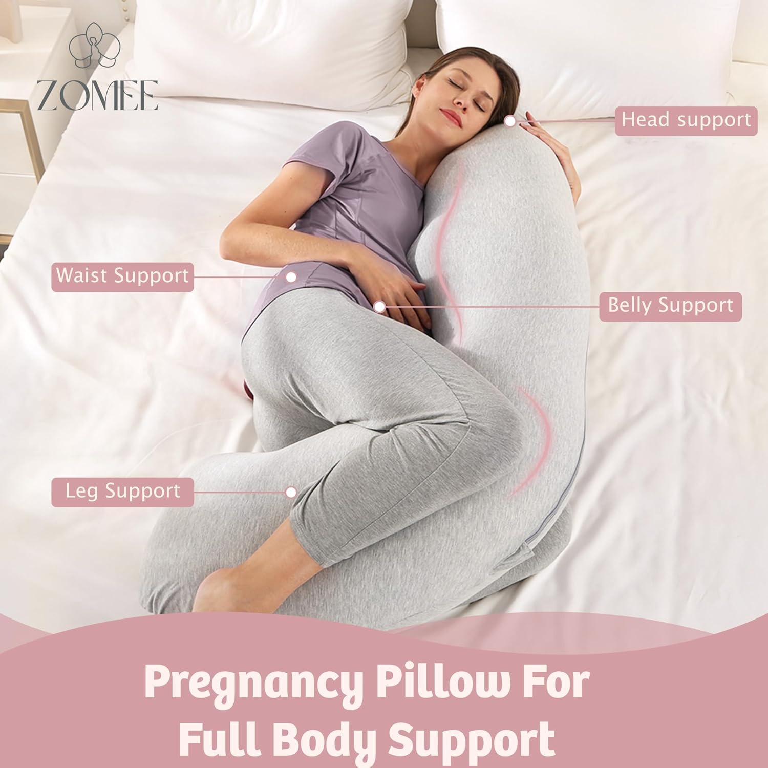 Zomee J-Shaped Pregnancy Pillow for Side Sleep and Nursing Support