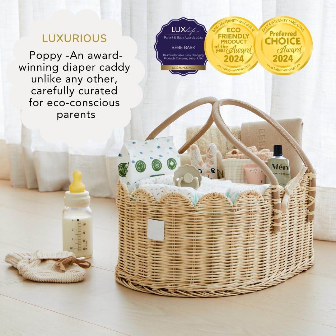 Premium Baby Diaper Caddy Organizer - Natural Scalloped Rattan 1