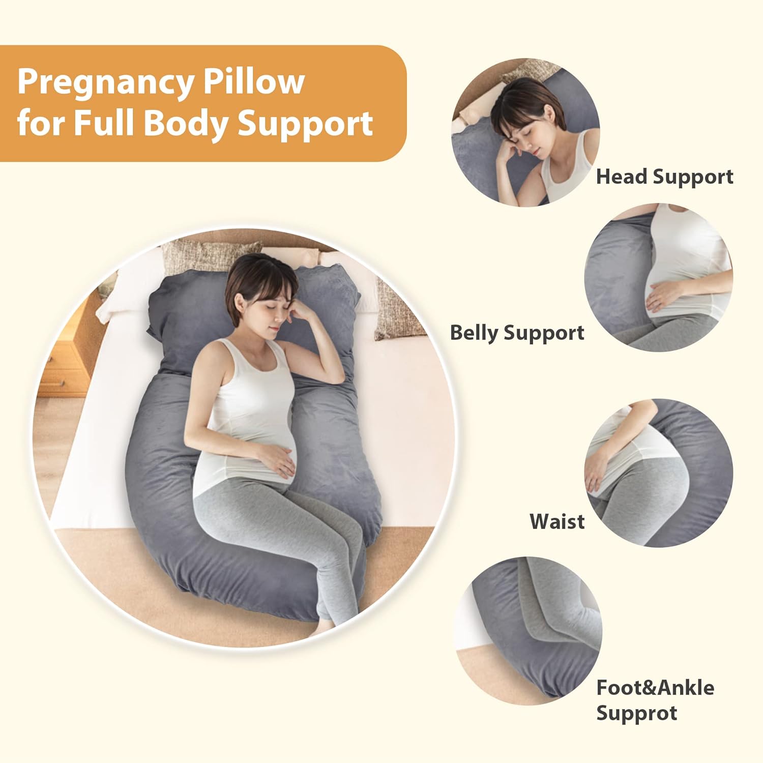 LONABR J-Shape Pregnancy Pillow with Velvet Cover