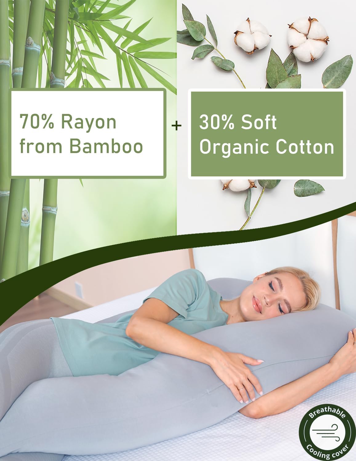MISERRO Cooling Pregnancy Pillow with Bamboo Rayon Cotton Blend