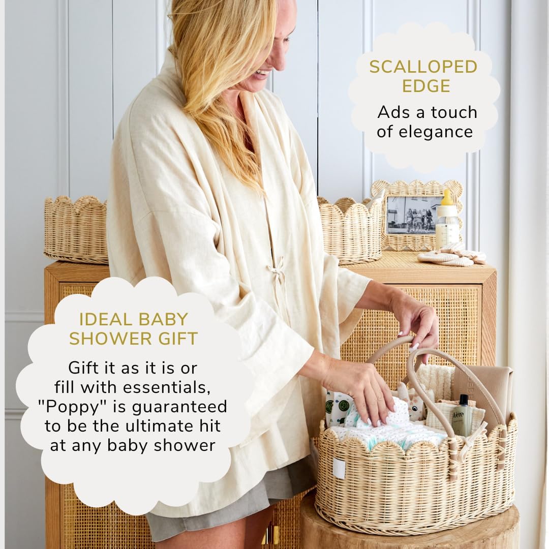 Premium Baby Diaper Caddy Organizer - Natural Scalloped Rattan 1