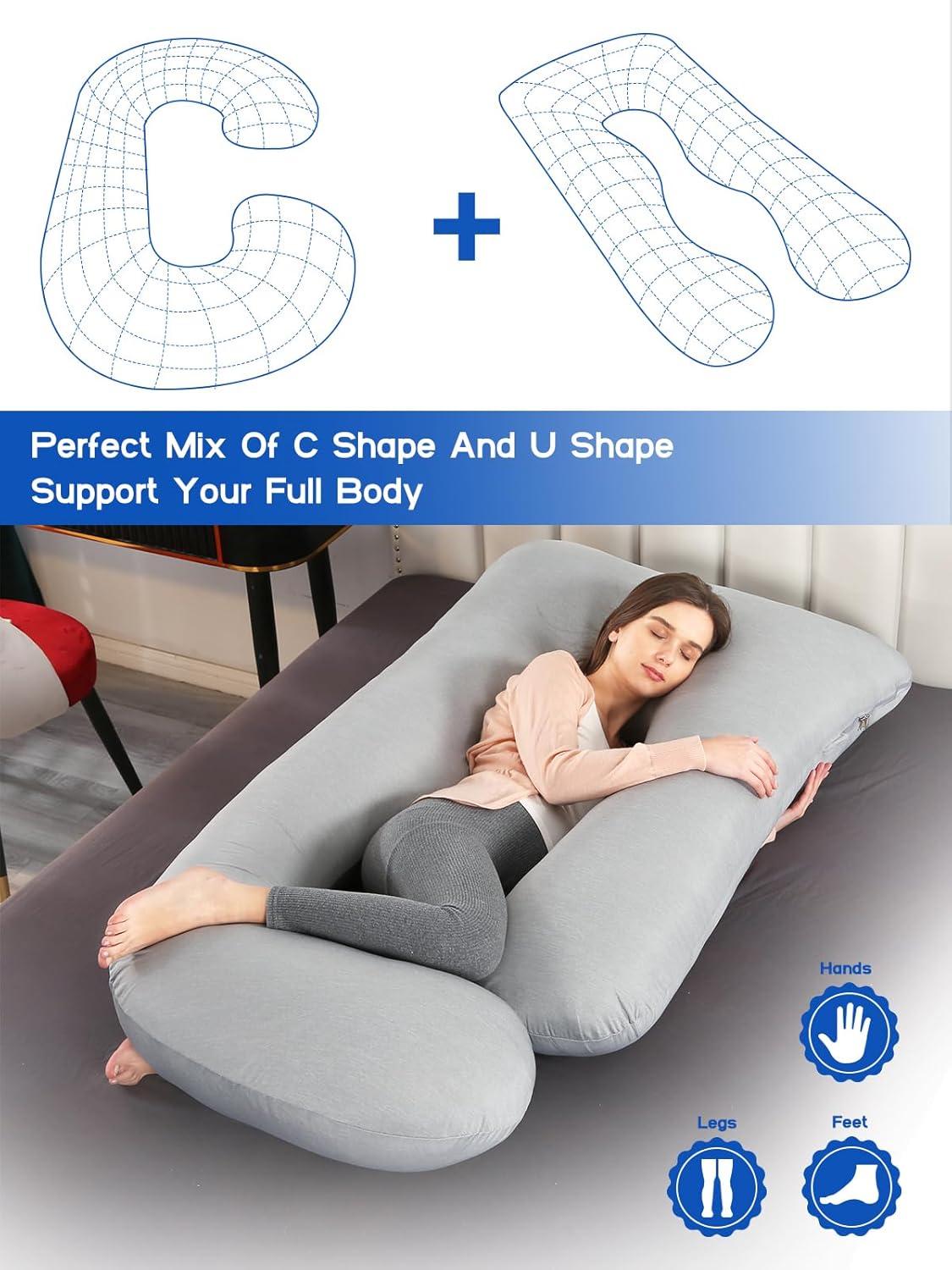 Wndys Dream Cooling Pregnancy Pillow for Full Body Support Grey