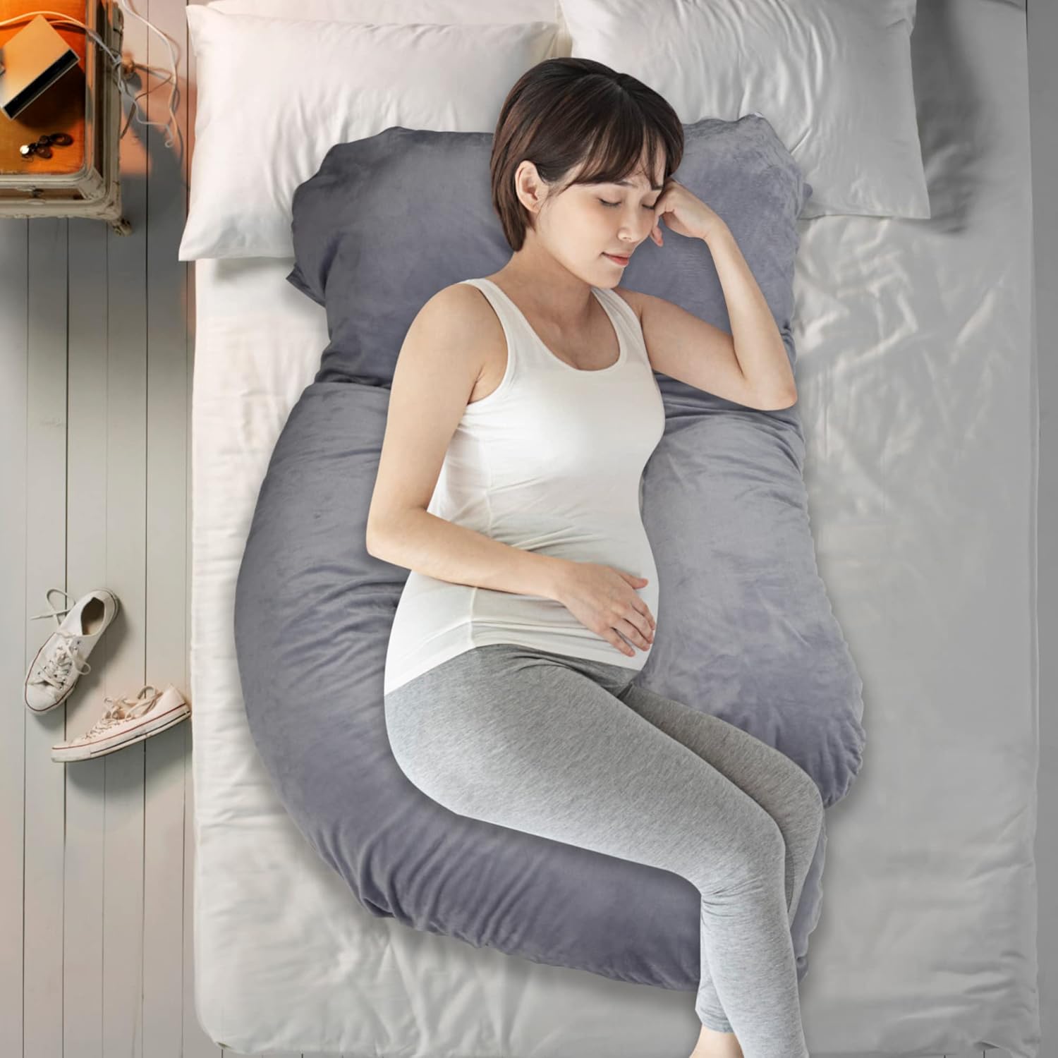 LONABR J-Shape Pregnancy Pillow with Velvet Cover