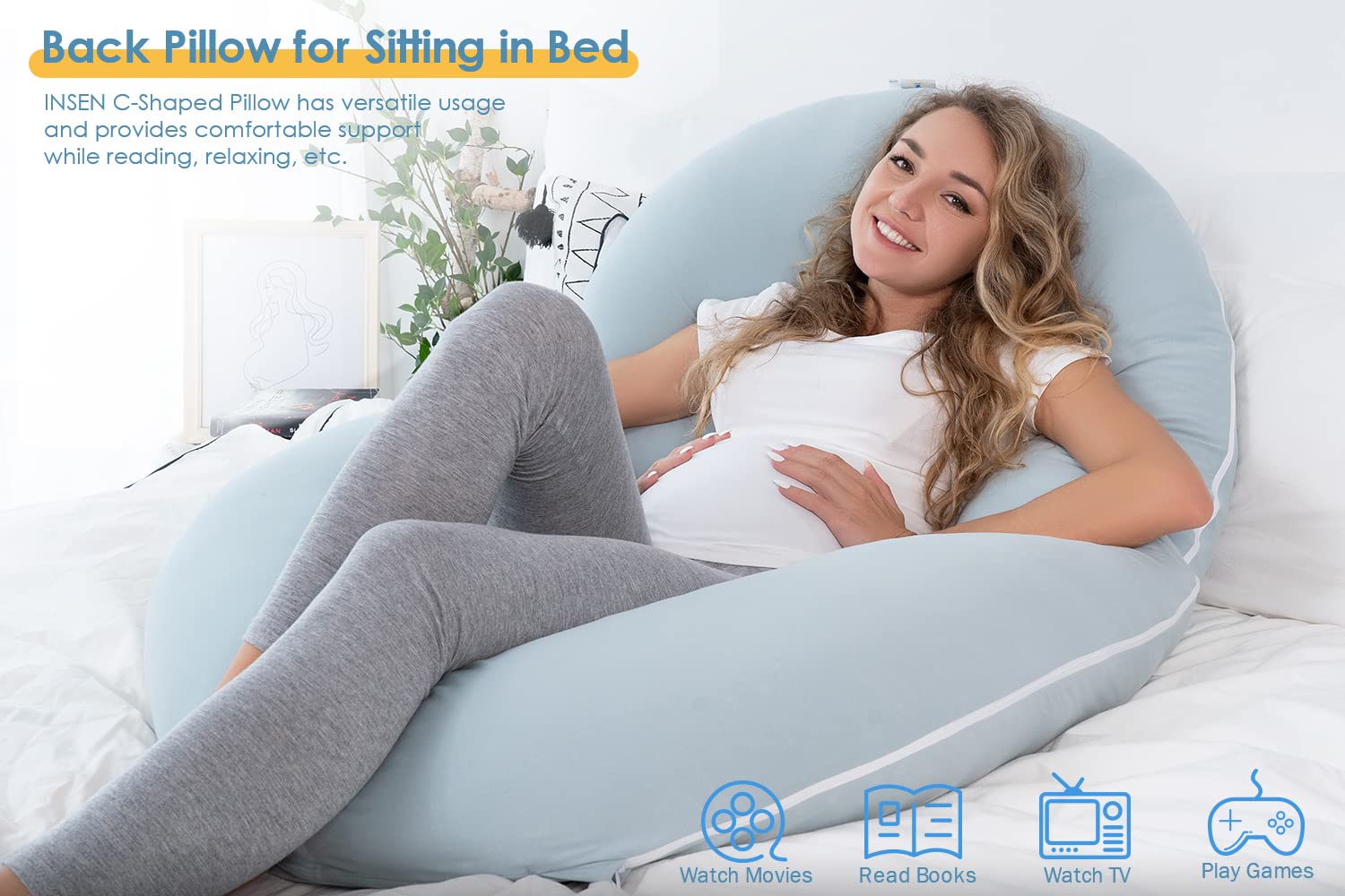 INSEN C-Shaped Pregnancy Pillow with Cooling Cotton Cover