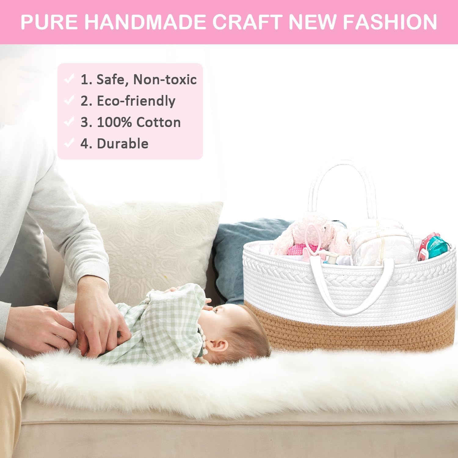 ABenkle X-Large Diaper Caddy Organizer Boho Rustic Cotton Basket