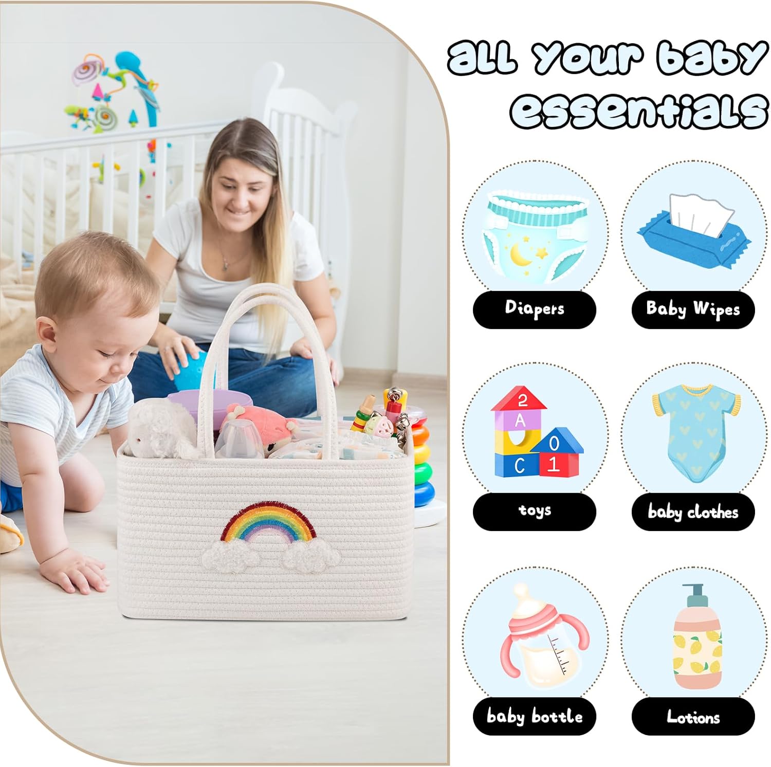 OIAHOMY Large Baby Diaper Caddy with Rainbow Design