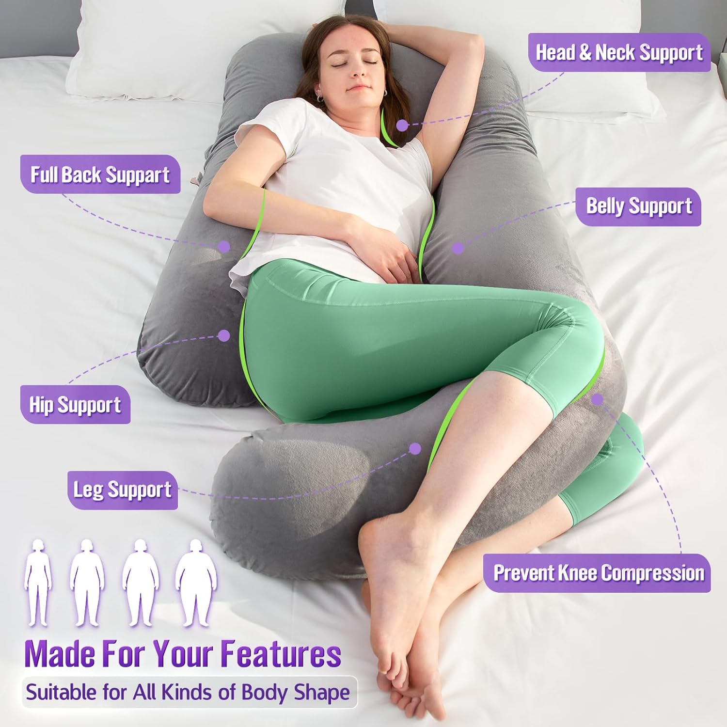 AMCATON U-Shaped Pregnancy Pillow with Velvet Cover