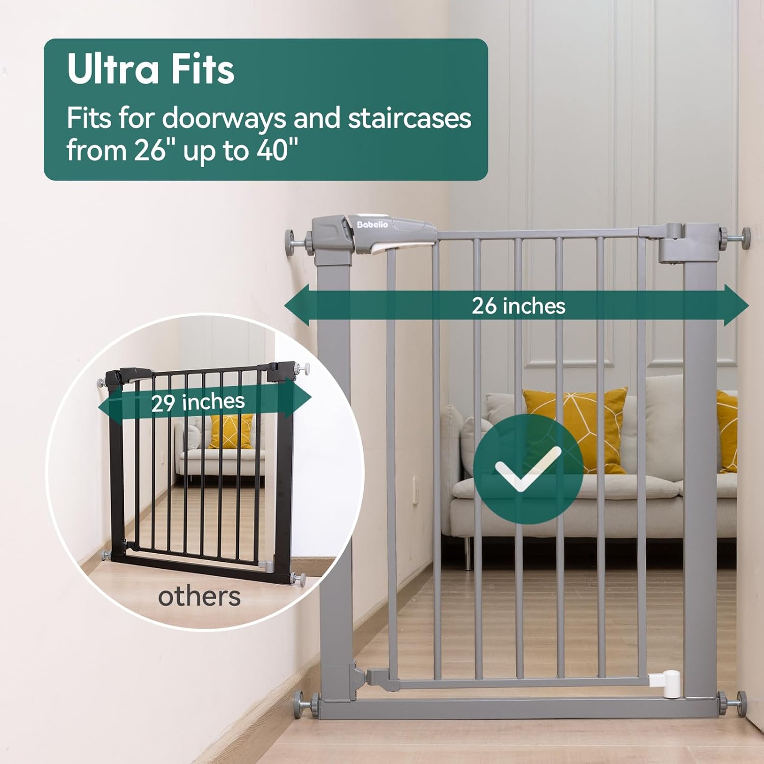 BABELIO 26-40 Inch Pressure Mount Baby Gate with Wall Protectors